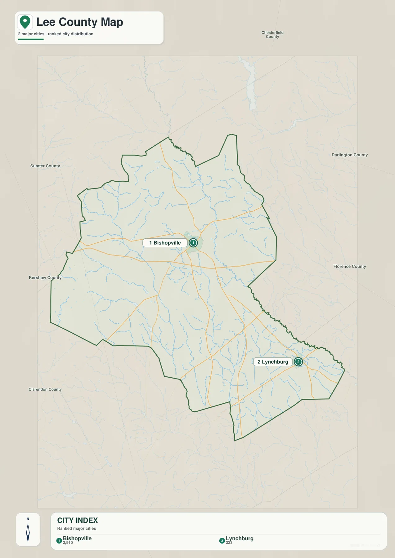 Lee County city map showing ranked locations of Bishopville and Lynchburg within the county