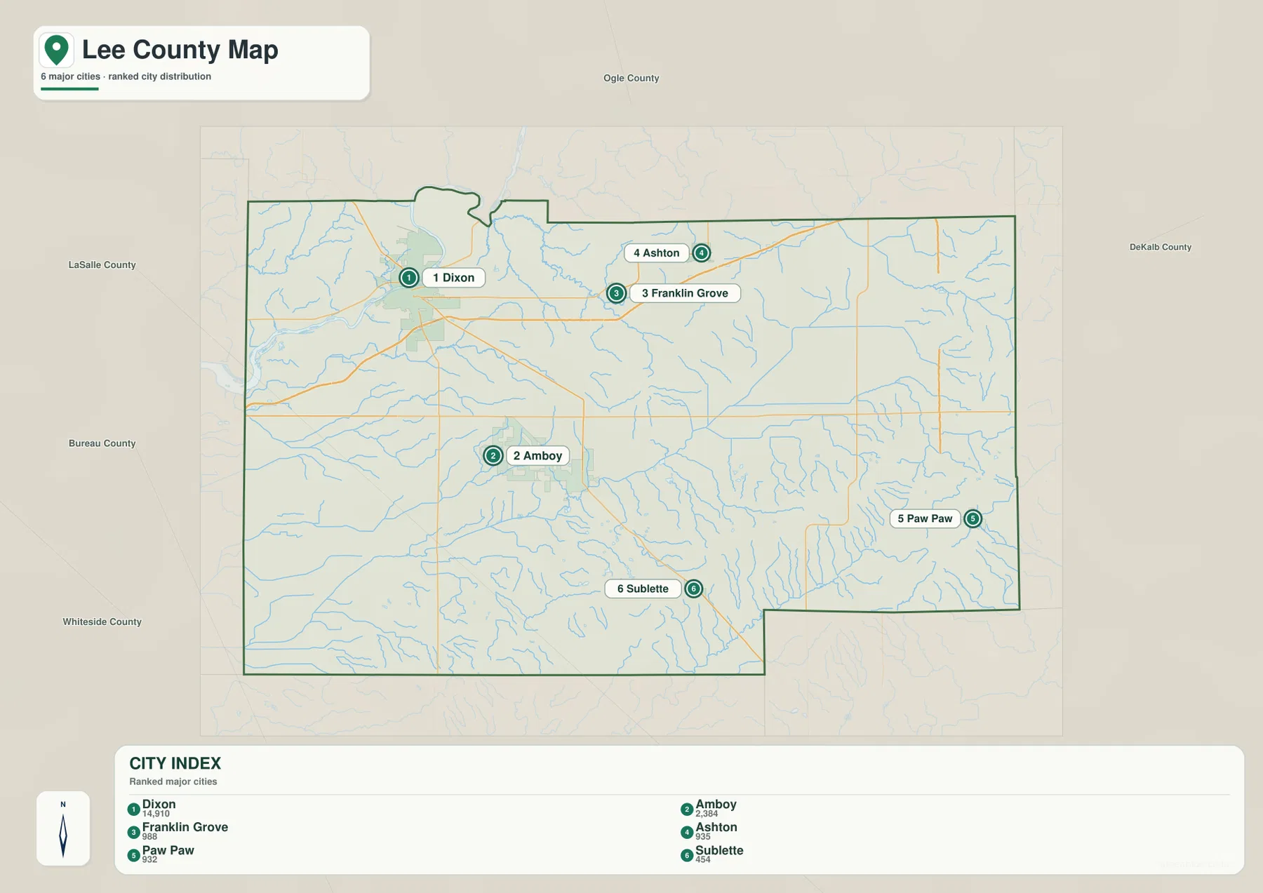 Lee County city distribution map with Dixon Amboy Franklin Grove Ashton Paw Paw and Sublette