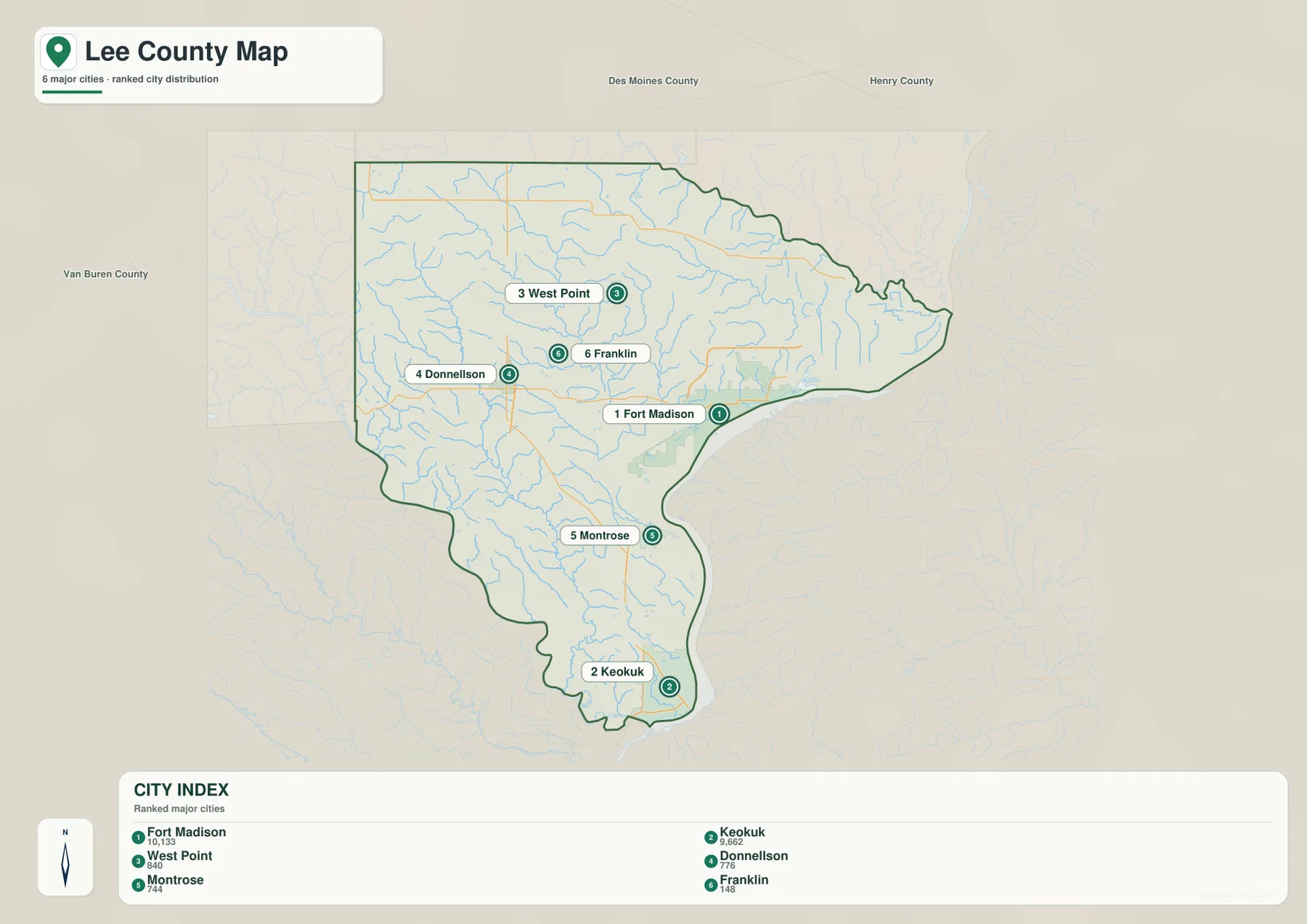 Lee County Iowa city map Fort Madison Keokuk West Point Donnellson Montrose Franklin