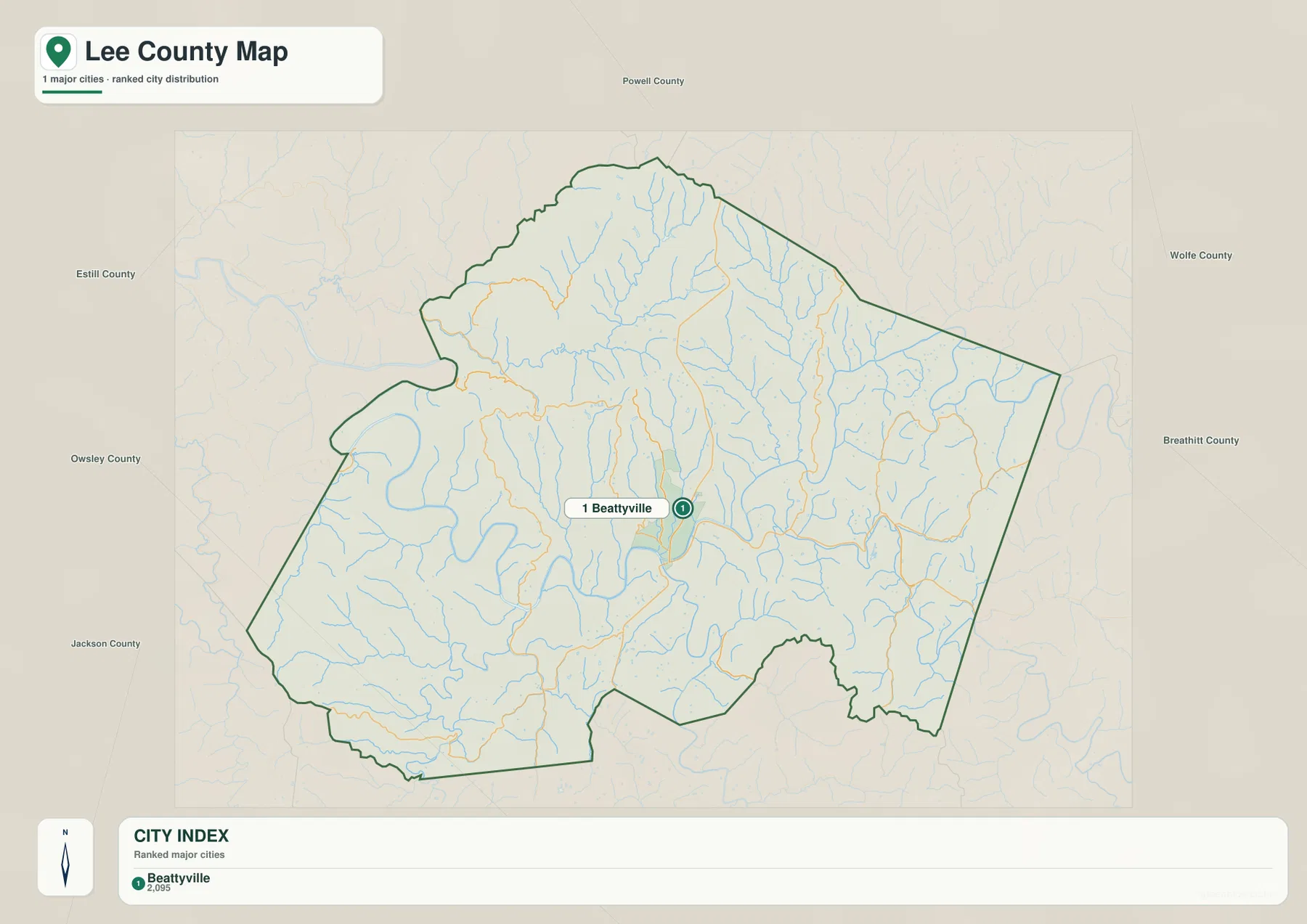 Lee County city map highlighting Beattyville and surrounding Kentucky counties