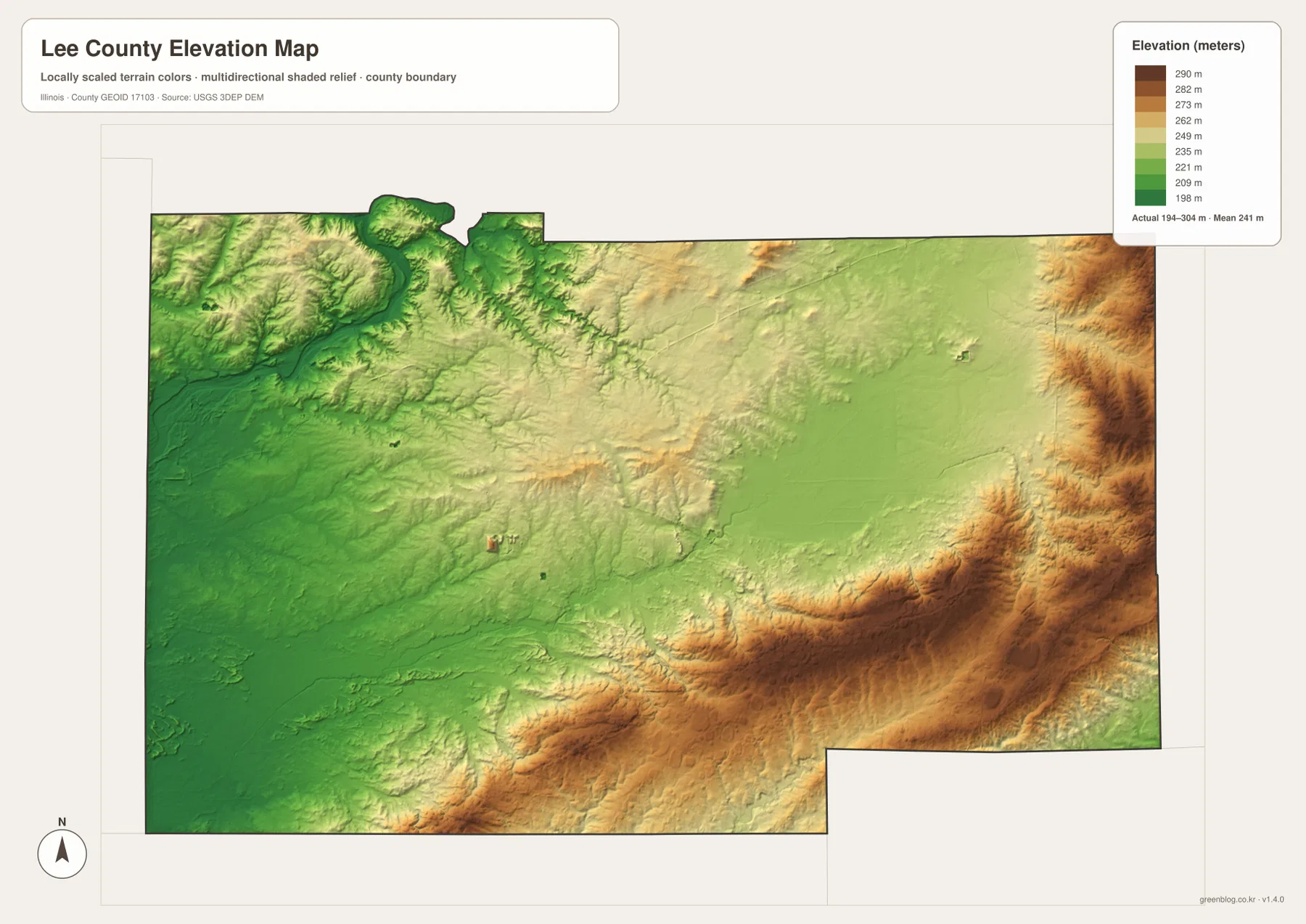 Lee County Illinois elevation map 194 to 304 meters Rock River Green River southeast high ground