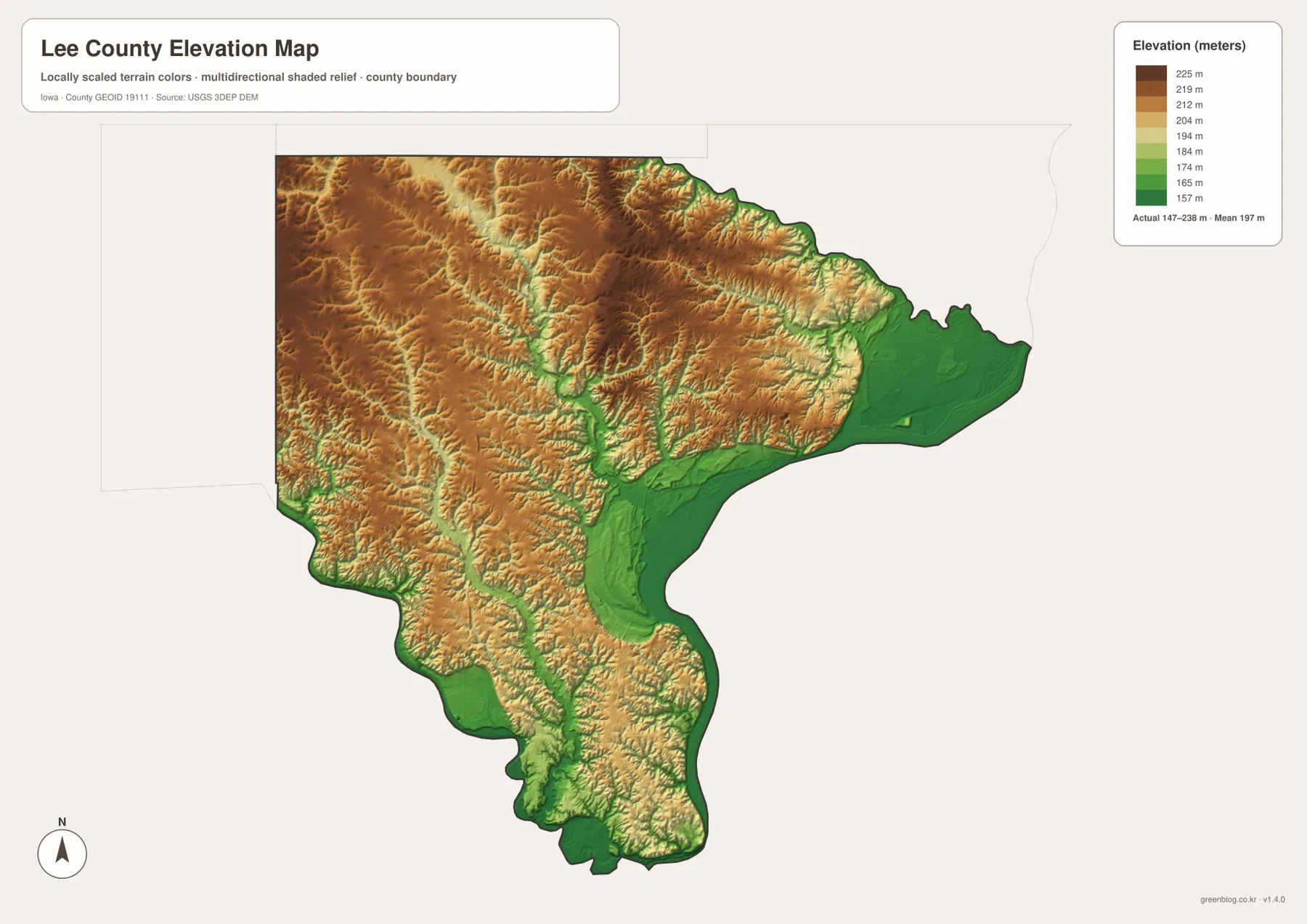 Lee County Iowa elevation map 147 238 meters Mississippi River Des Moines River western uplands