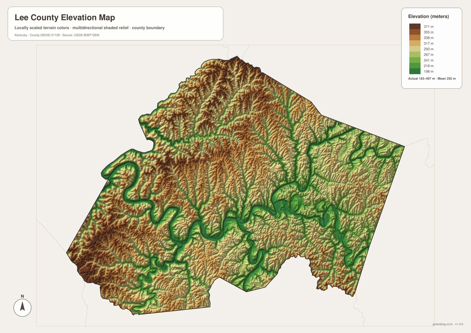 Lee County Kentucky elevation map showing roughly 183 to 407 meters from river valleys to high ridges