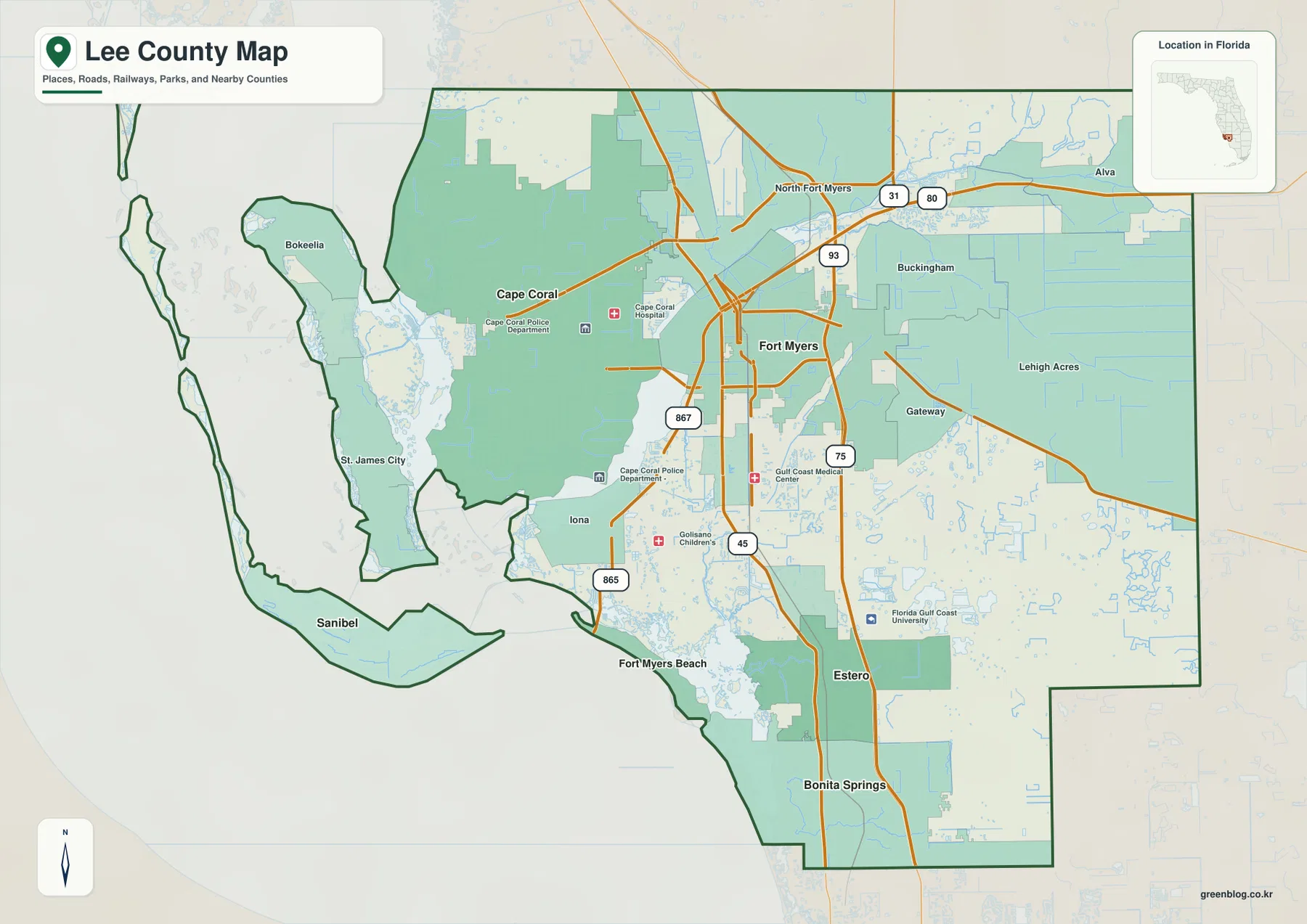 Lee County Florida map showing Fort Myers, Cape Coral, Lehigh Acres, major roads, and county boundaries