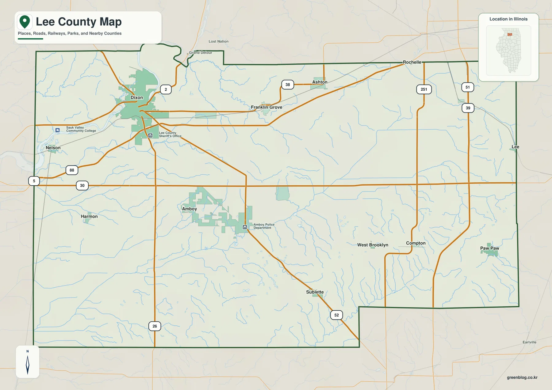 Lee County Illinois map with Dixon Amboy Franklin Grove Ashton Paw Paw Sublette roads and county boundary