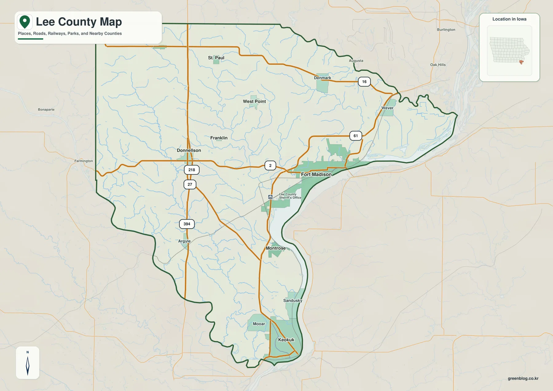 Lee County Iowa map Fort Madison Keokuk U.S. 61 U.S. 218 U.S. 2