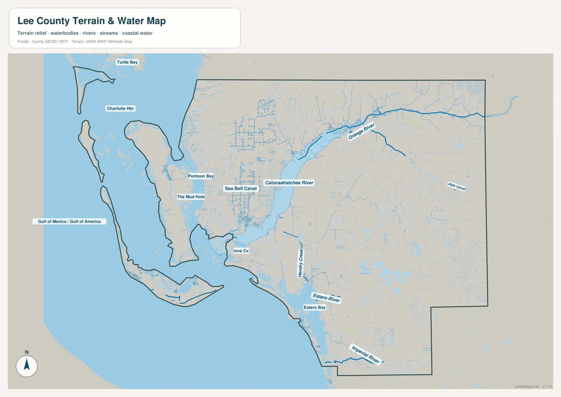 Lee County water map showing the Caloosahatchee River, Orange River, Estero River, Imperial River, bays, and Gulf coast