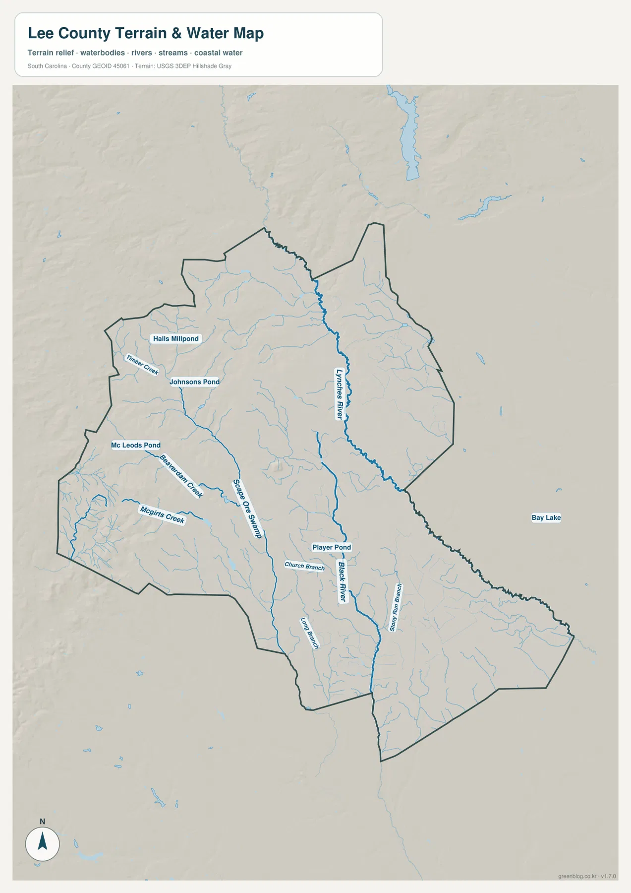 Lee County terrain and water map showing the Lynches River, Black River, creeks, ponds, and shaded relief