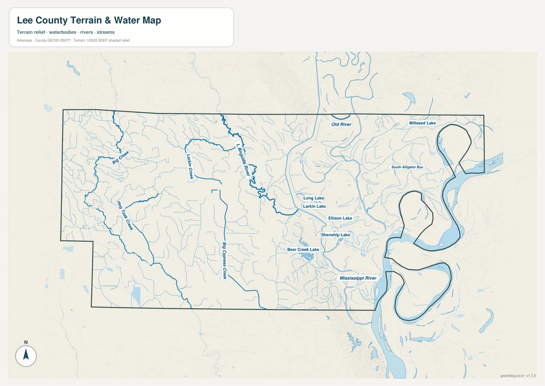 L’Anguille River, Big Creek, Big Cypress Creek, Hog Thief Creek, Mississippi River와 여러 호수를 표시한 리 카운티 수역 지형 지도