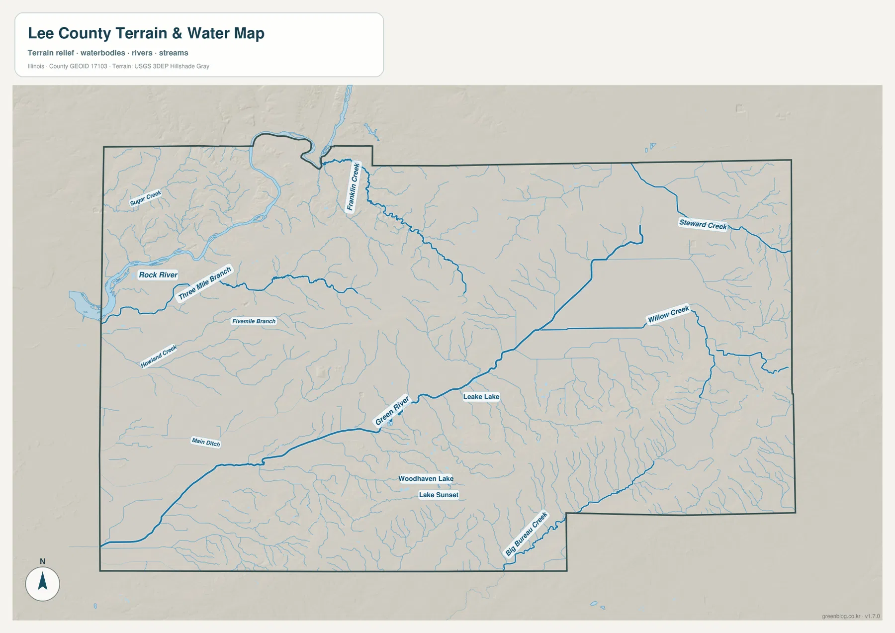 Lee County terrain water map Rock River Green River Franklin Creek Steward Creek Willow Creek Big Bureau Creek