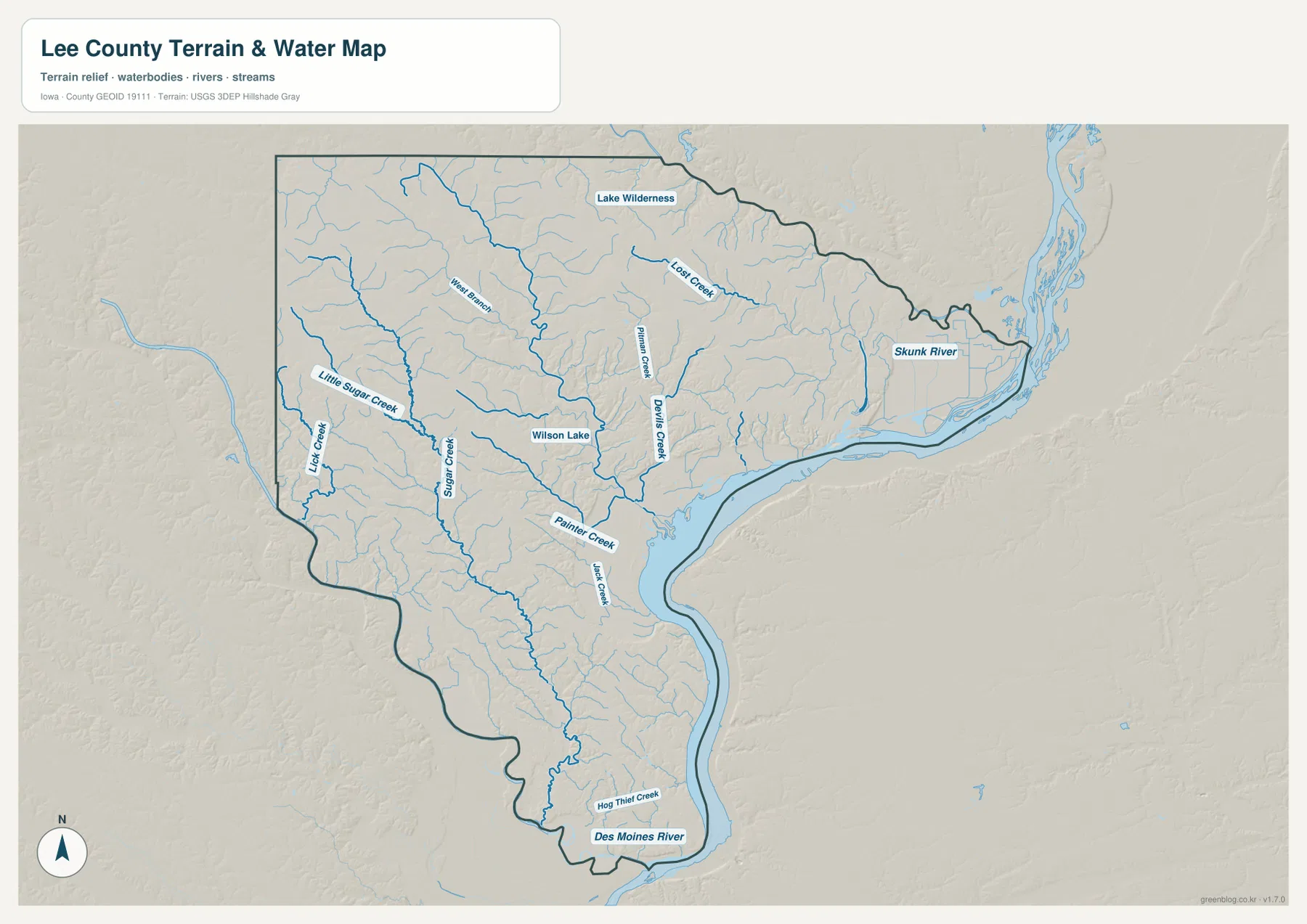 Lee County Iowa water map Mississippi River Des Moines River Skunk River Lost Creek Prairie Creek