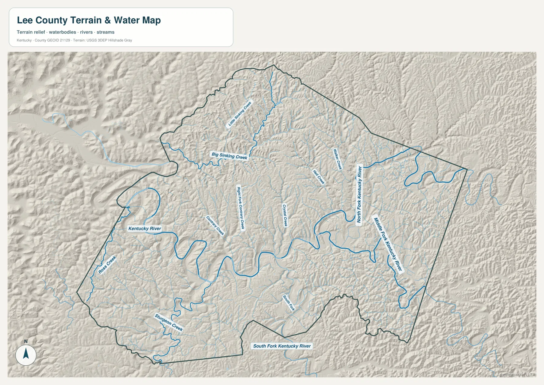 Lee County terrain and water map showing the Kentucky River forks and named creeks between mountain ridges
