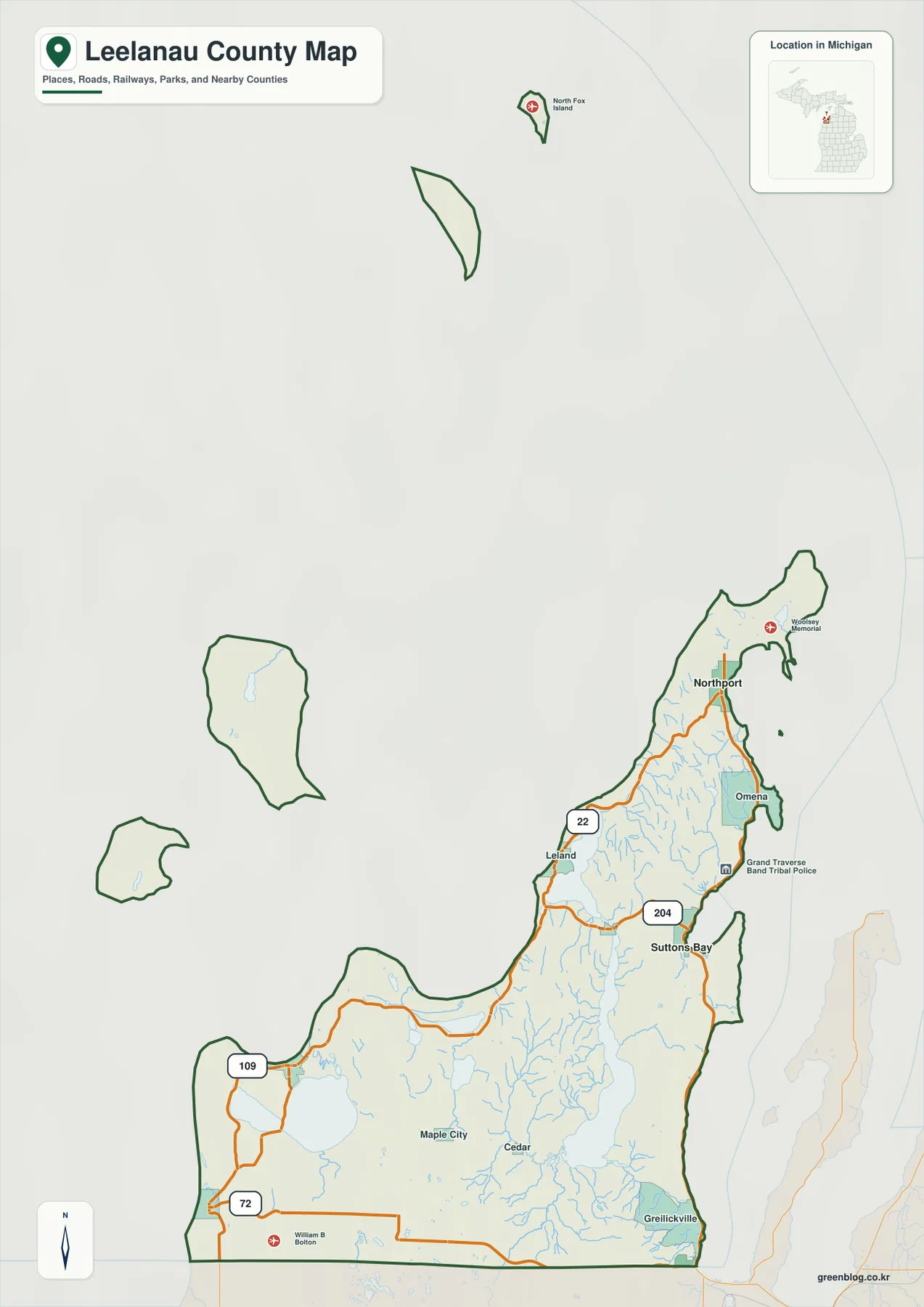 릴라노 카운티 지도 – Suttons Bay, Northport, Leland, Empire와 M-22, M-204, M-109, M-72