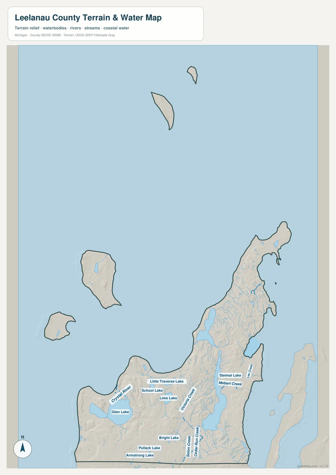 릴라노 카운티 수역 지도 – Glen Lake, Crystal River, Lake Leelanau 주변 지류와 작은 호수