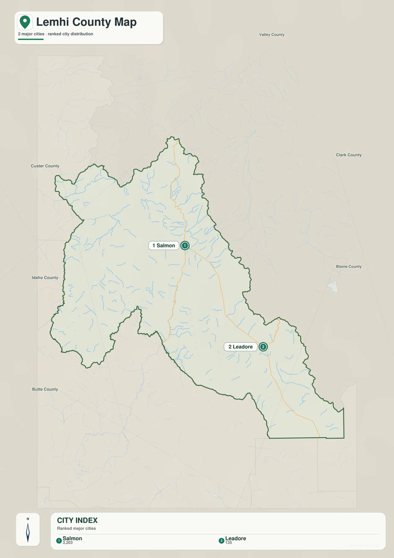 Lemhi County city map ranking Salmon and Leadore