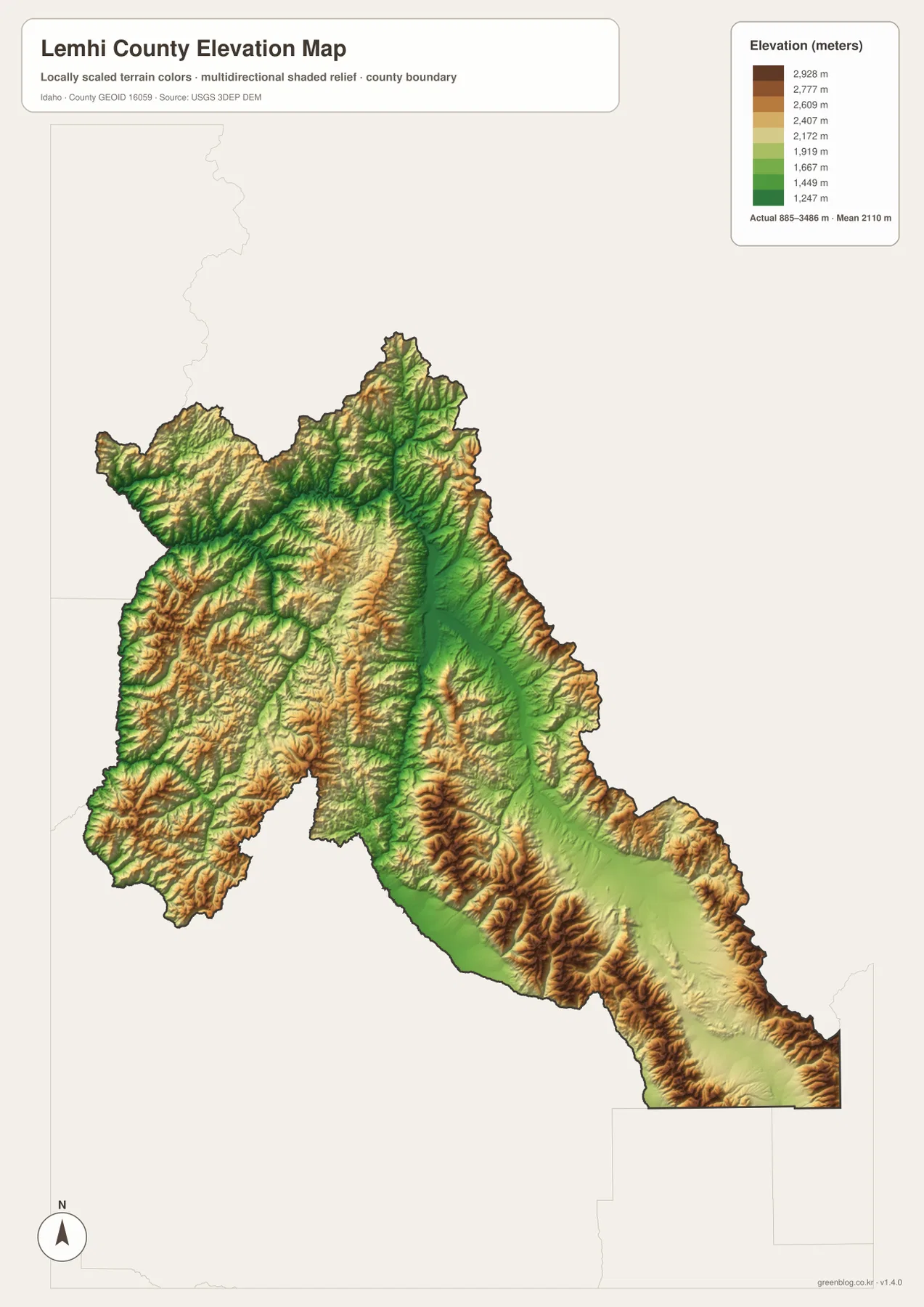 Lemhi County elevation map showing an 885 to 3486 meter range, lower Lemhi Valley, and high western and eastern ridges