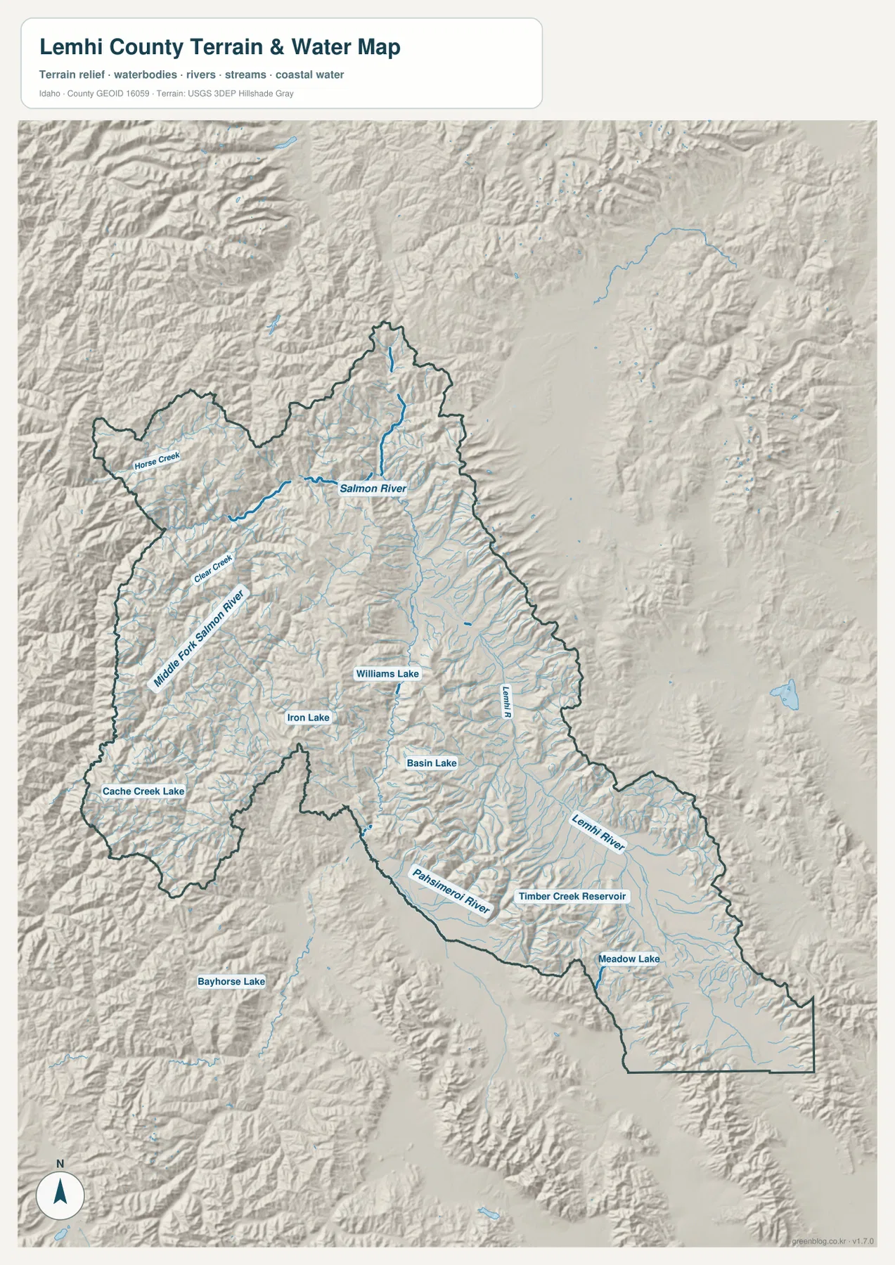 Lemhi County terrain and water map showing Salmon River, Middle Fork Salmon River, Lemhi River, Williams Lake, and Timber Creek Reservoir
