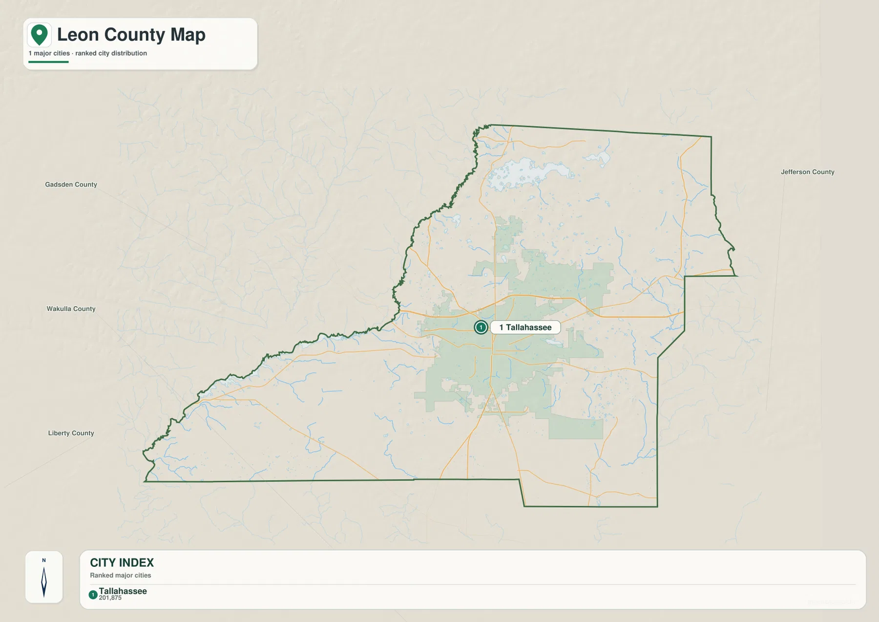 Leon County Florida city map highlighting Tallahassee as the ranked major city