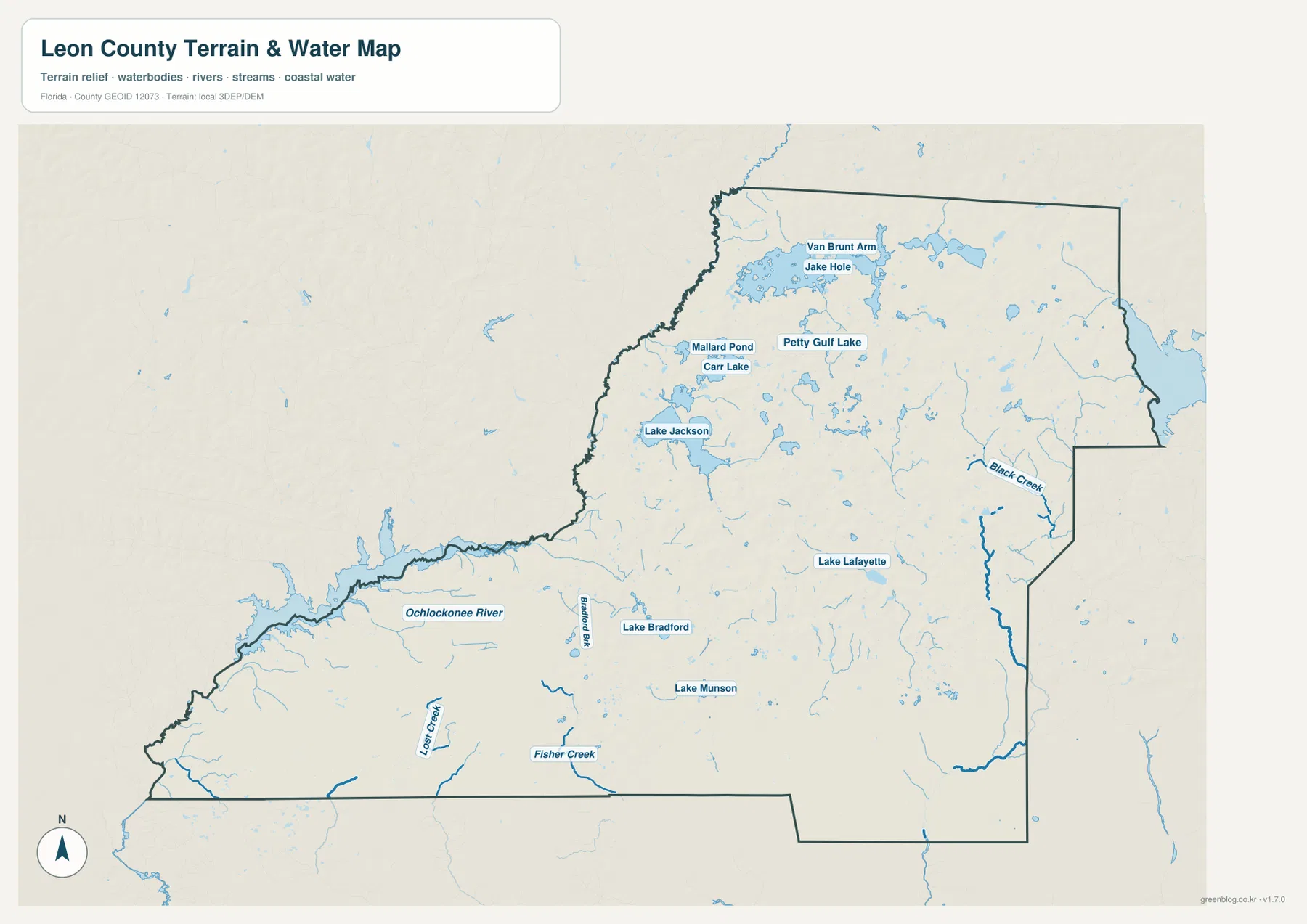 Leon County Florida water map showing Lake Jackson, Lake Lafayette, Ochlockonee River, Black Creek, and smaller waterways