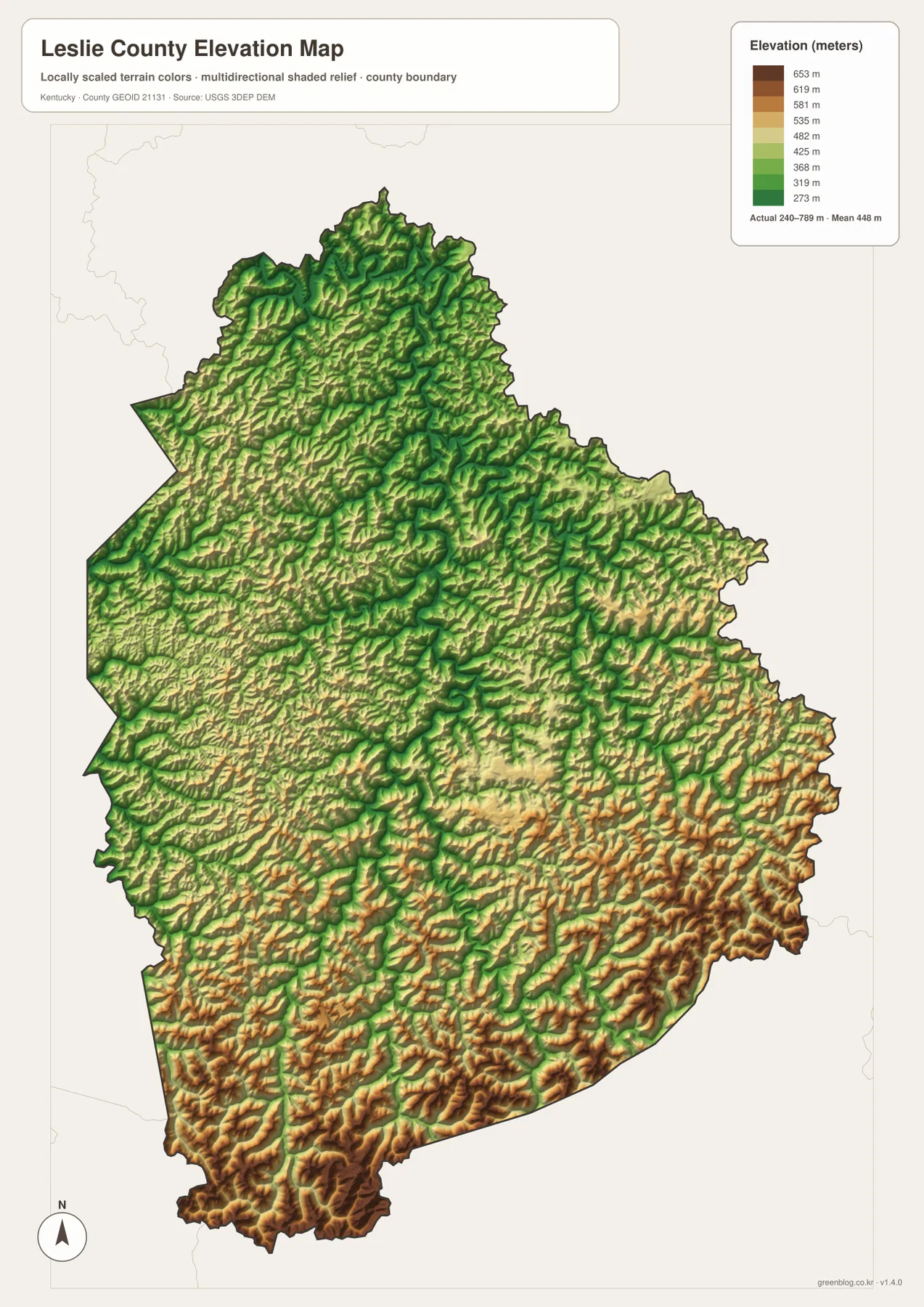 Leslie County elevation map showing low valleys and high southern ridges