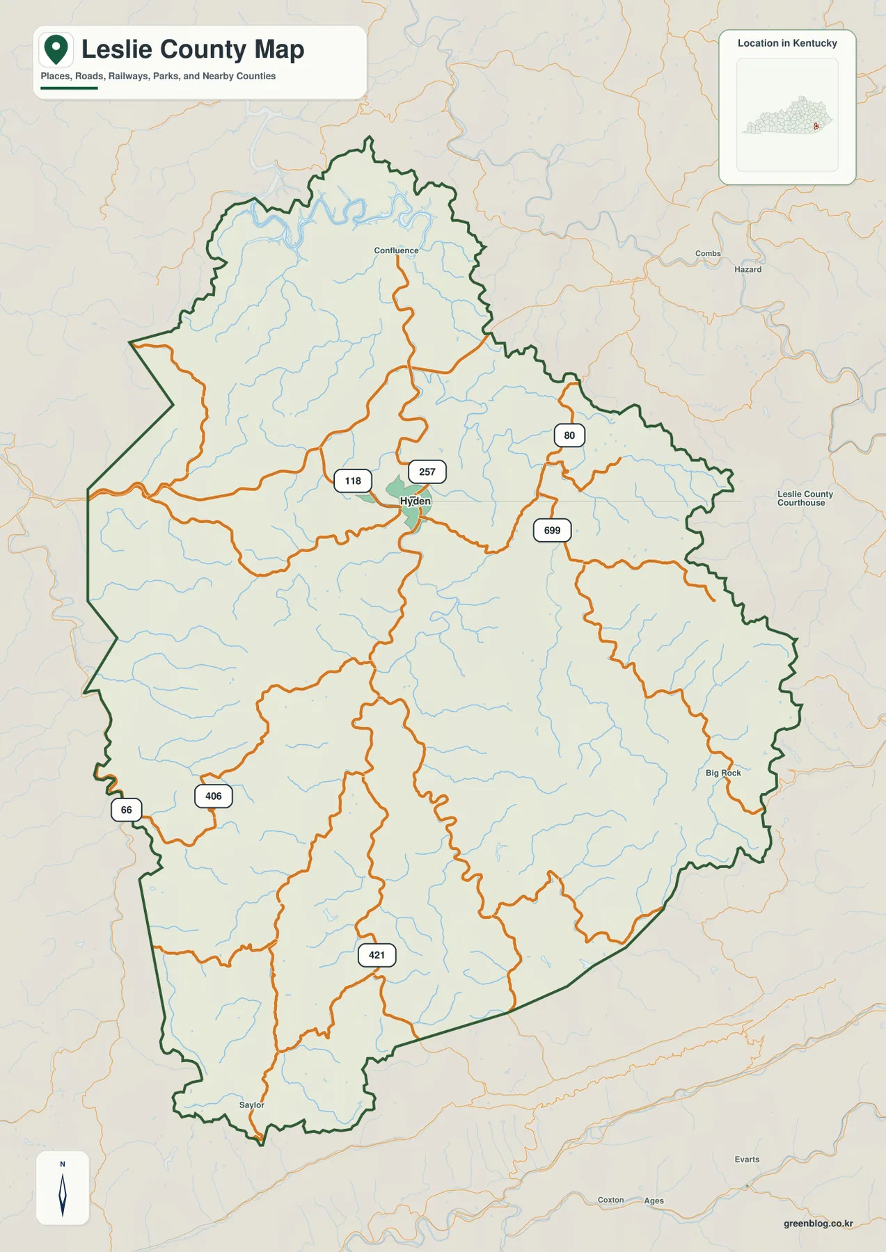 Leslie County map showing Hyden, major numbered roads, and selected places
