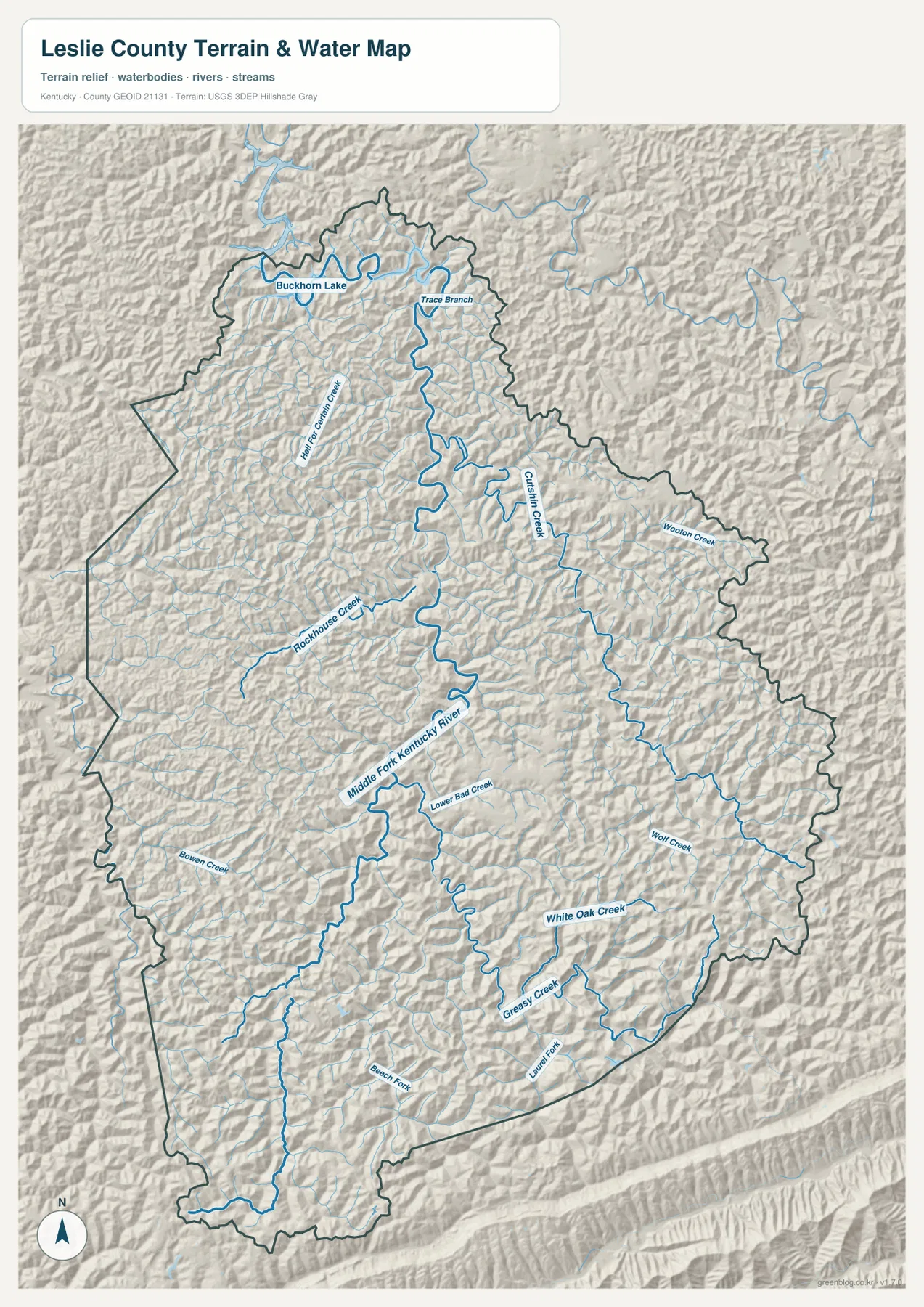 Leslie County terrain and water map showing the Middle Fork Kentucky River and named creeks