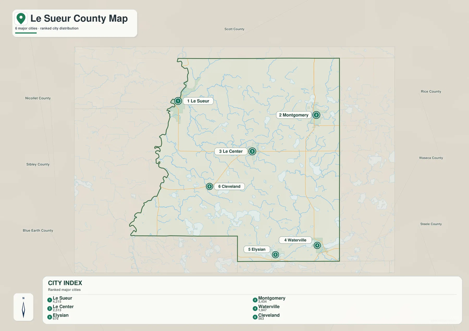 Le Sueur, Montgomery, Le Center, Waterville, Elysian, Cleveland를 표시한 Le Sueur County 도시 지도