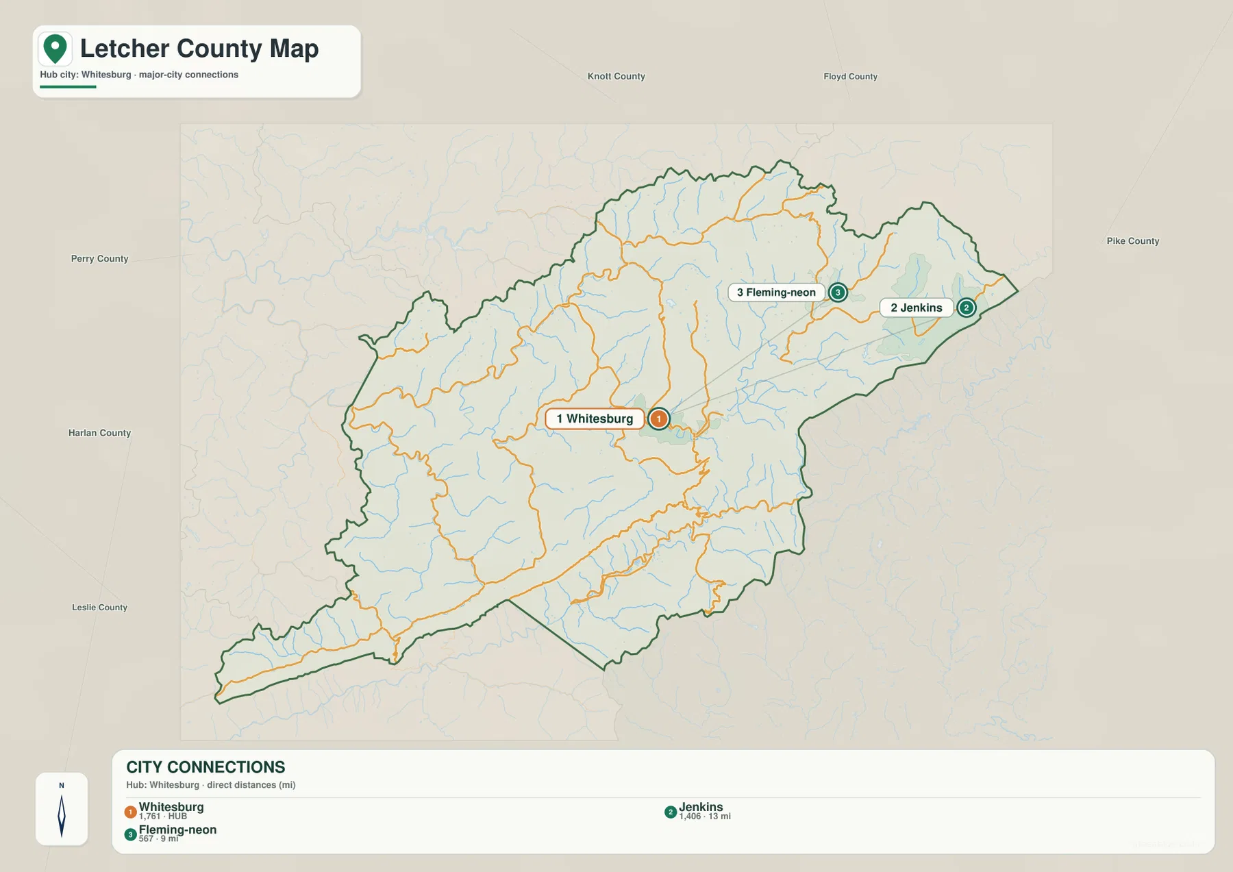 Letcher County city connections map with Whitesburg as the hub and direct distances to Jenkins and Fleming-Neon