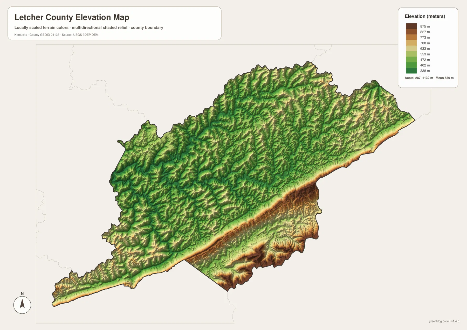 Letcher County elevation map showing an approximately 287 to 1132 meter range and a high southern and southeastern ridge