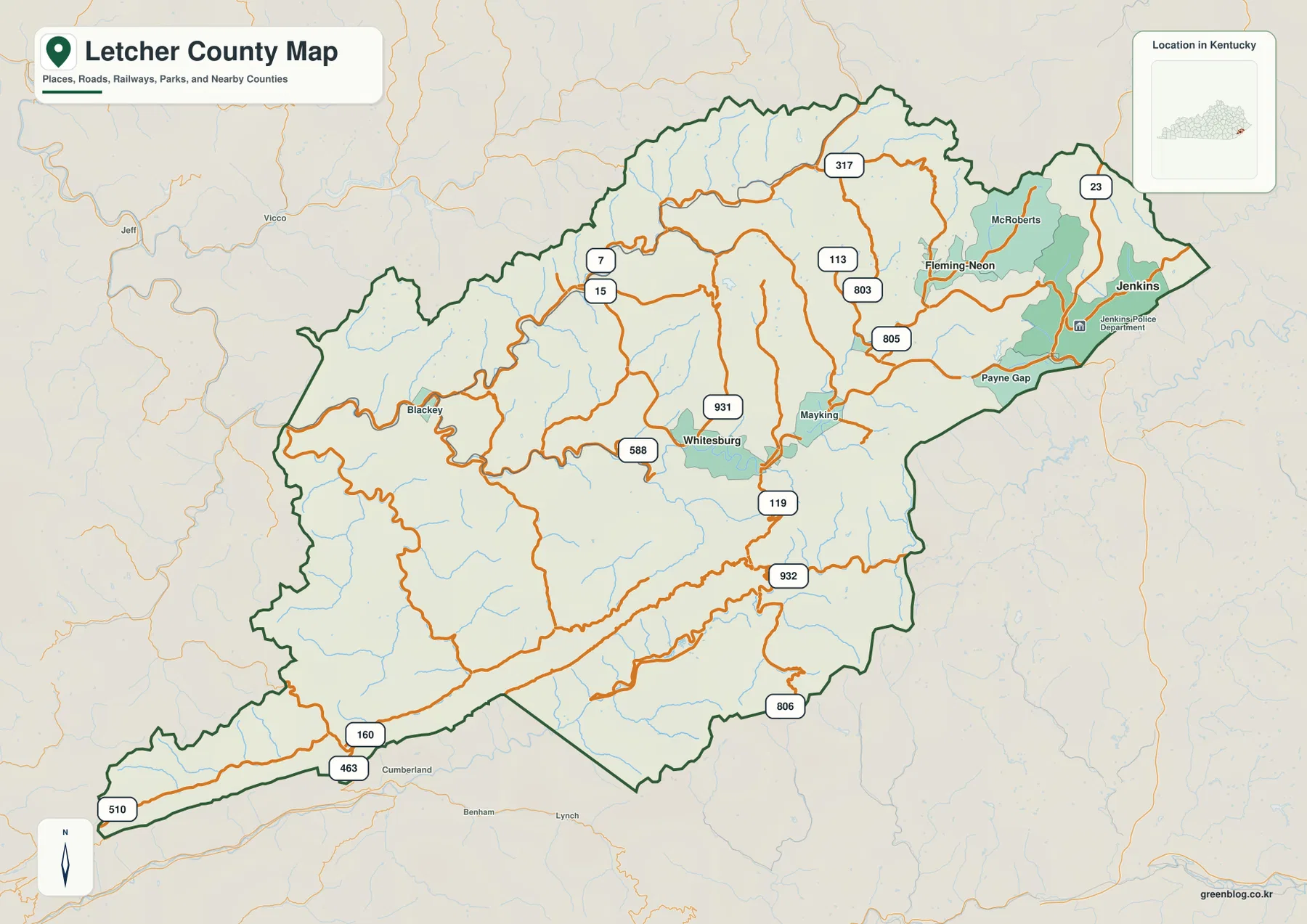 Letcher County Kentucky map showing Whitesburg, Jenkins, Fleming-Neon, Blackey, and major numbered roads