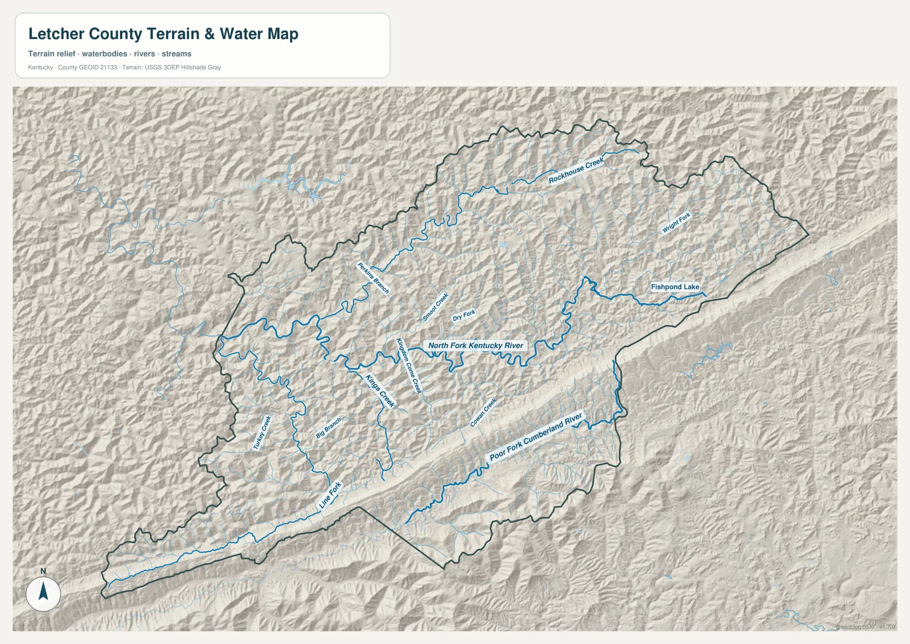 Letcher County terrain and water map showing North Fork Kentucky River, Poor Fork Cumberland River, Fishpond Lake, and named creeks