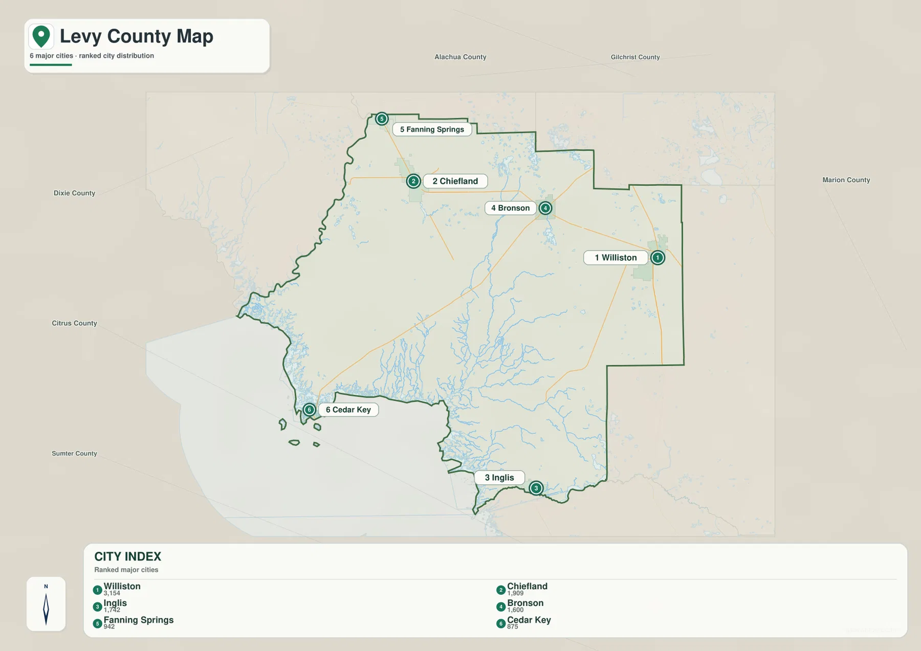Levy County city map comparing Williston, Chiefland, Inglis, Bronson, Fanning Springs and Cedar Key