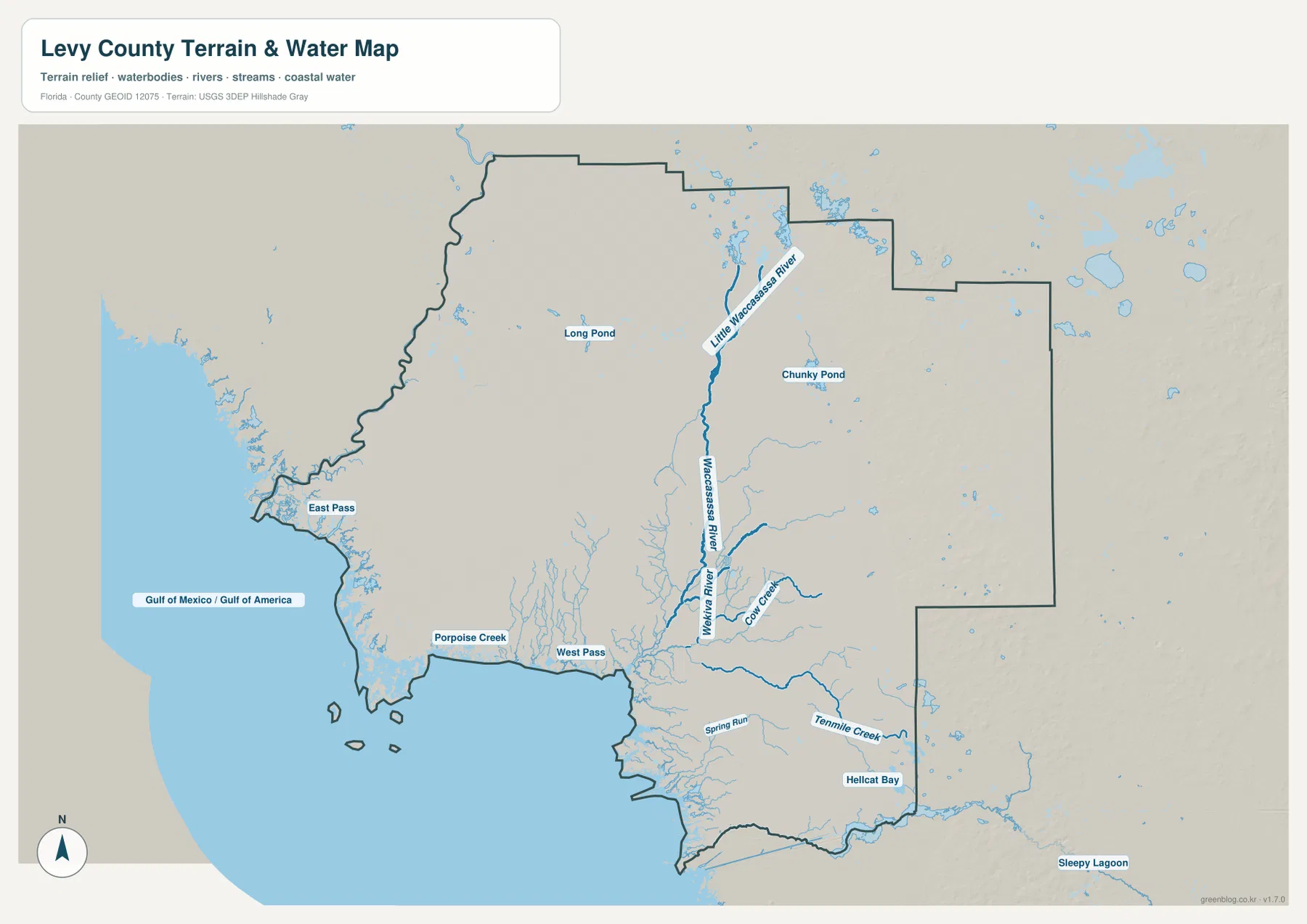 Levy County water map showing Waccasassa River, Little Waccasassa River, Cow Creek, Tenmile Creek and Gulf channels