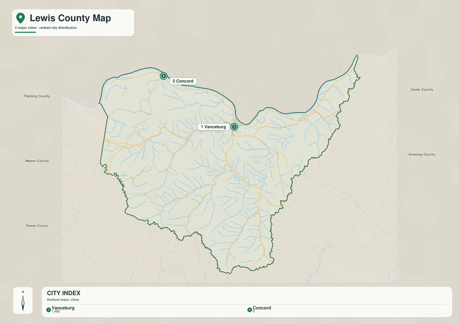 Lewis County city index map highlighting Vanceburg and Concord with neighboring Kentucky counties