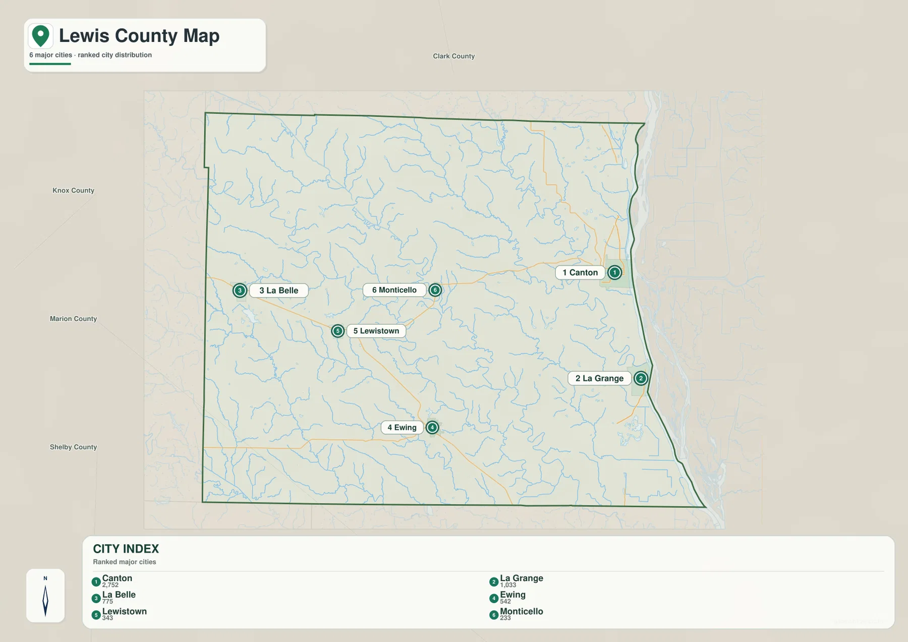 Lewis County ranked city distribution map