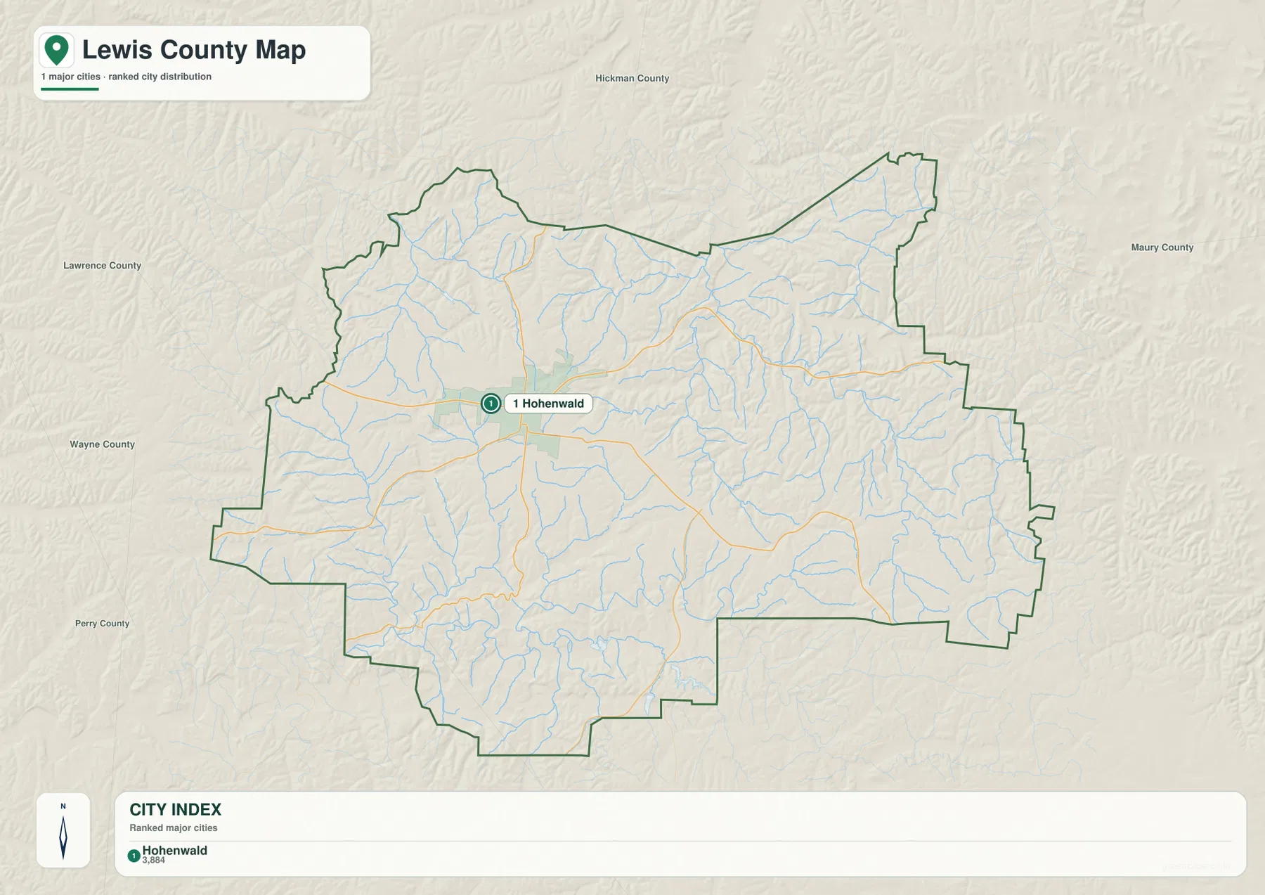 Hohenwald를 루이스 카운티의 주요 도시로 표시한 도시 지도