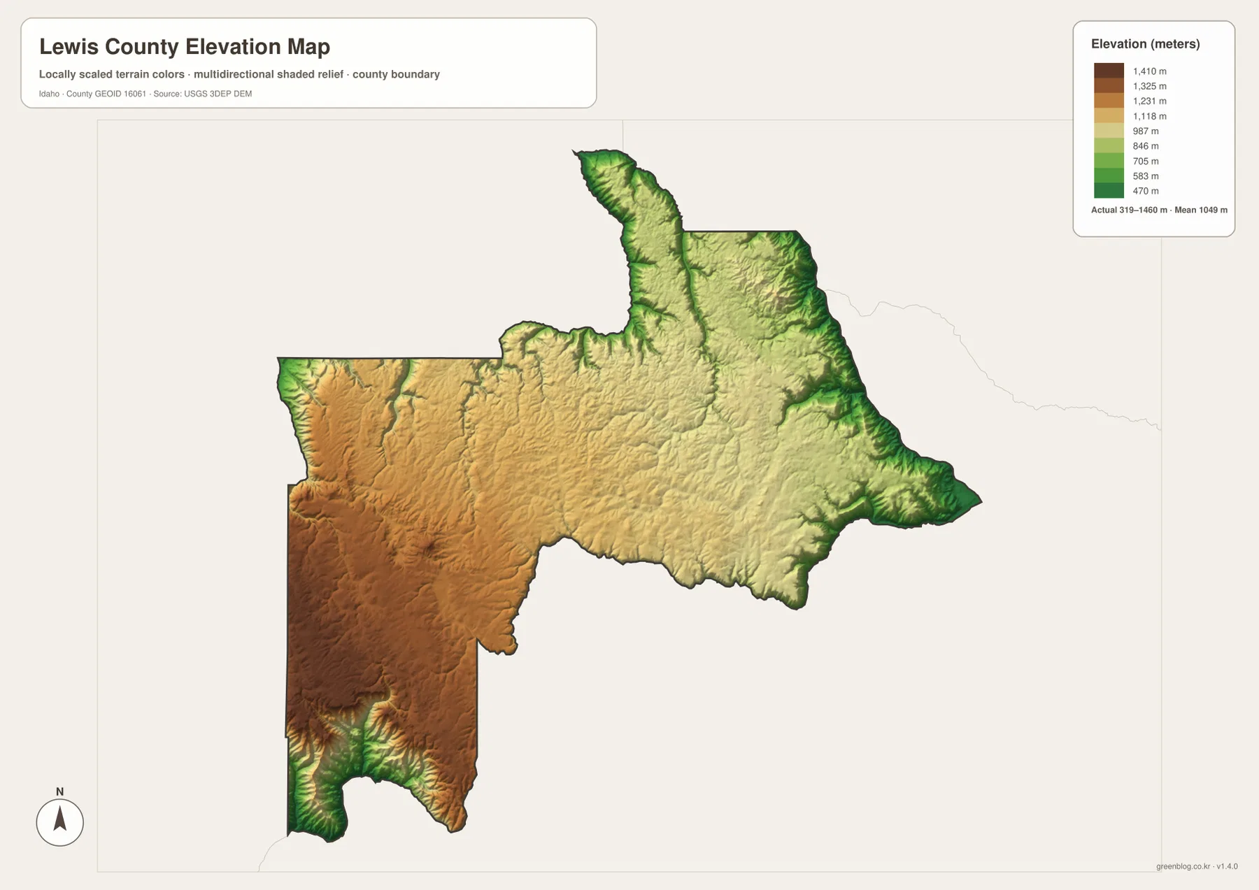 Lewis County elevation map showing a 319 to 1460 meter range with higher western uplands and lower eastern valleys