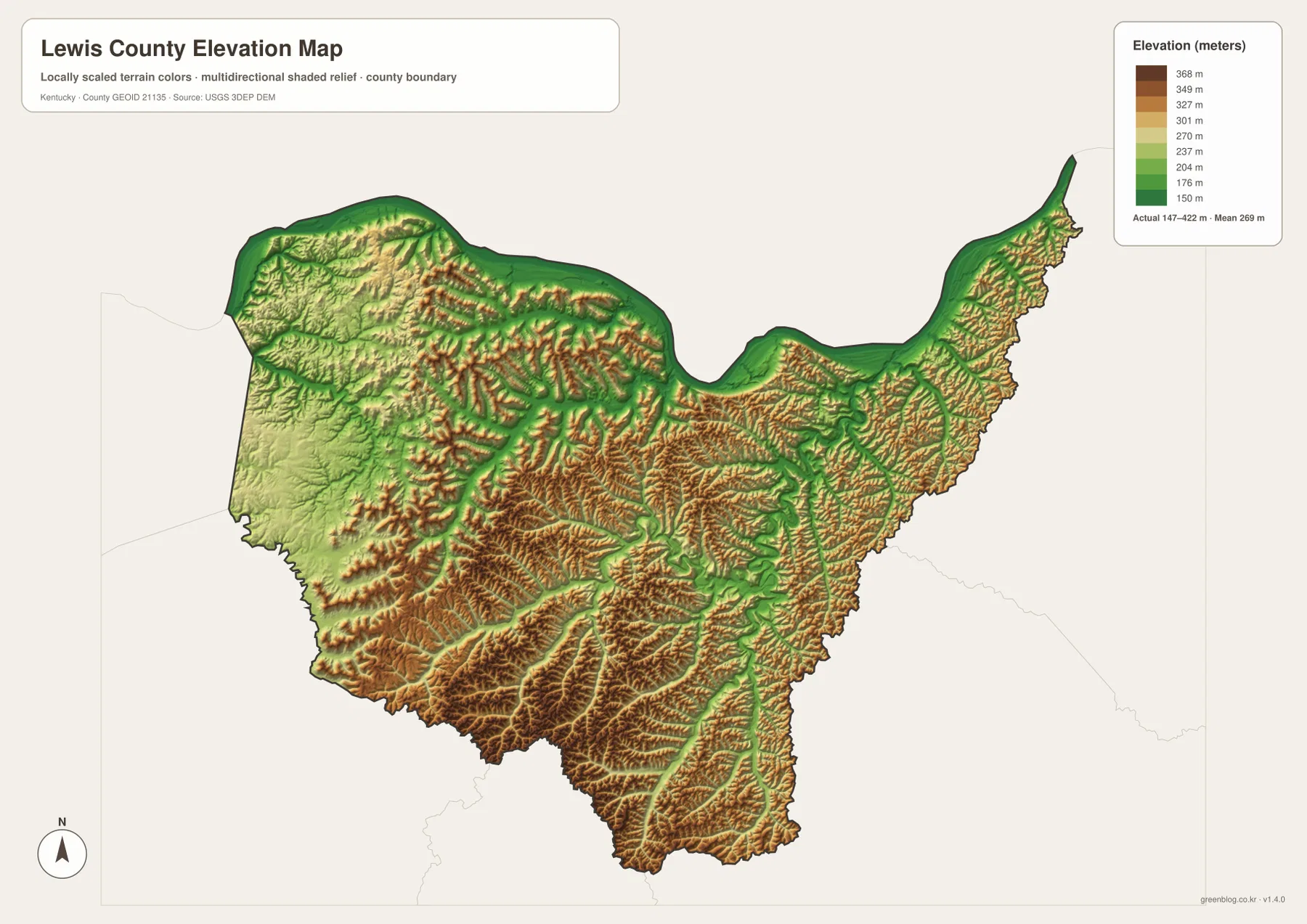 Lewis County elevation map showing approximately 147 to 422 meters from Ohio River lowlands to southern and eastern ridges