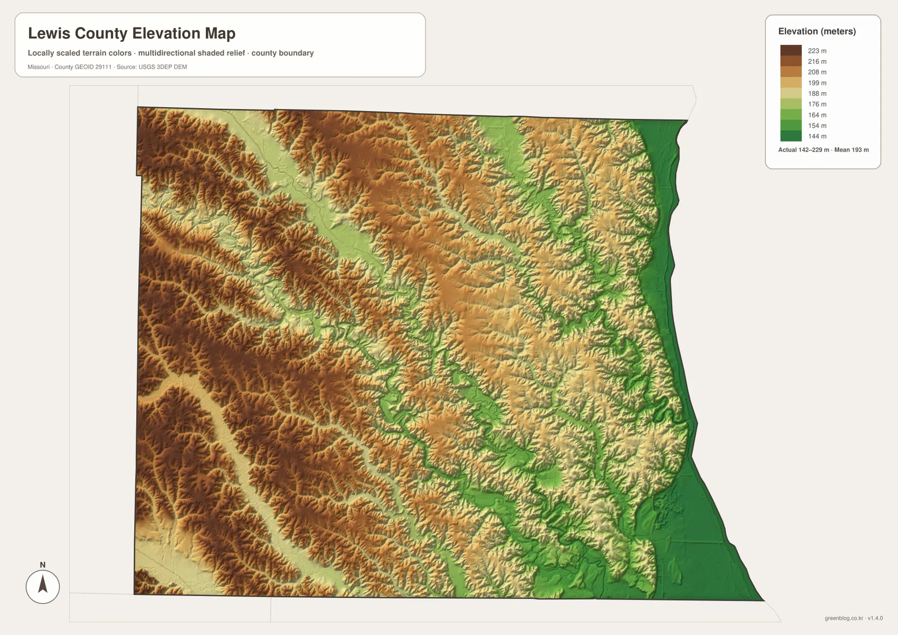 Lewis County elevation map from 142 to 229 meters