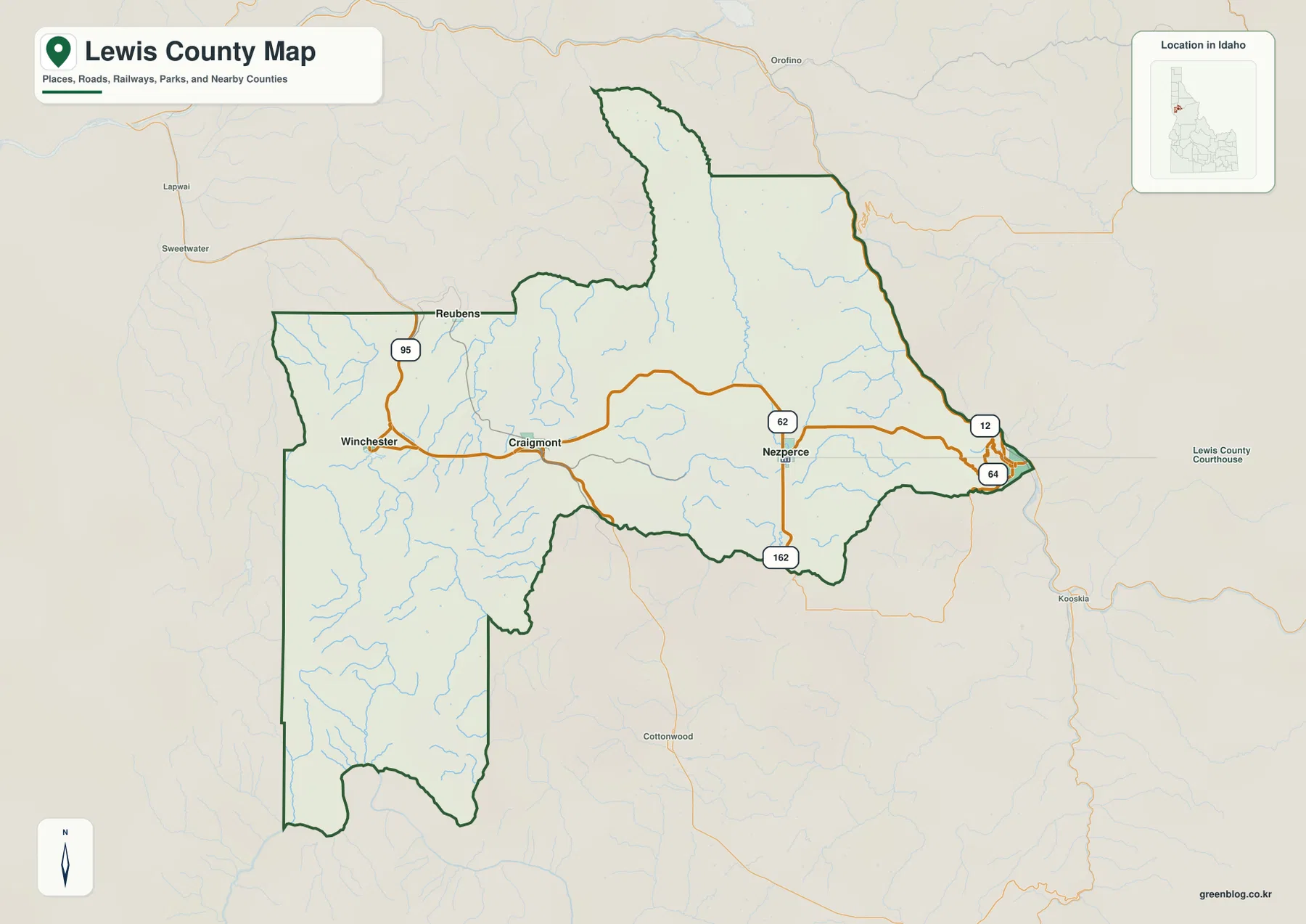 Lewis County Idaho map showing Nezperce, Craigmont, Winchester, Reubens, Kamiah and Routes 95, 62, 64 and 162