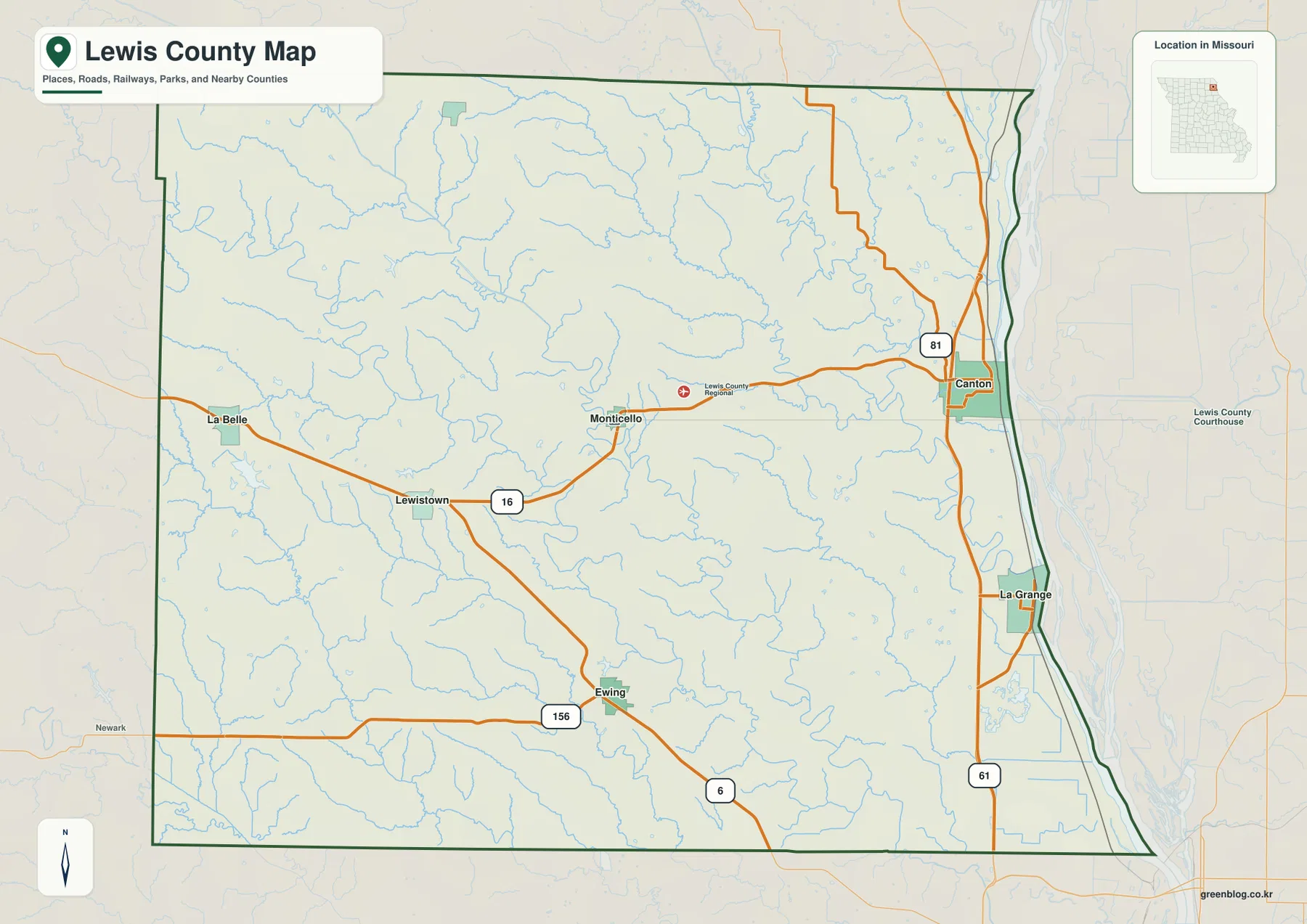 Lewis County Missouri roads and Canton map