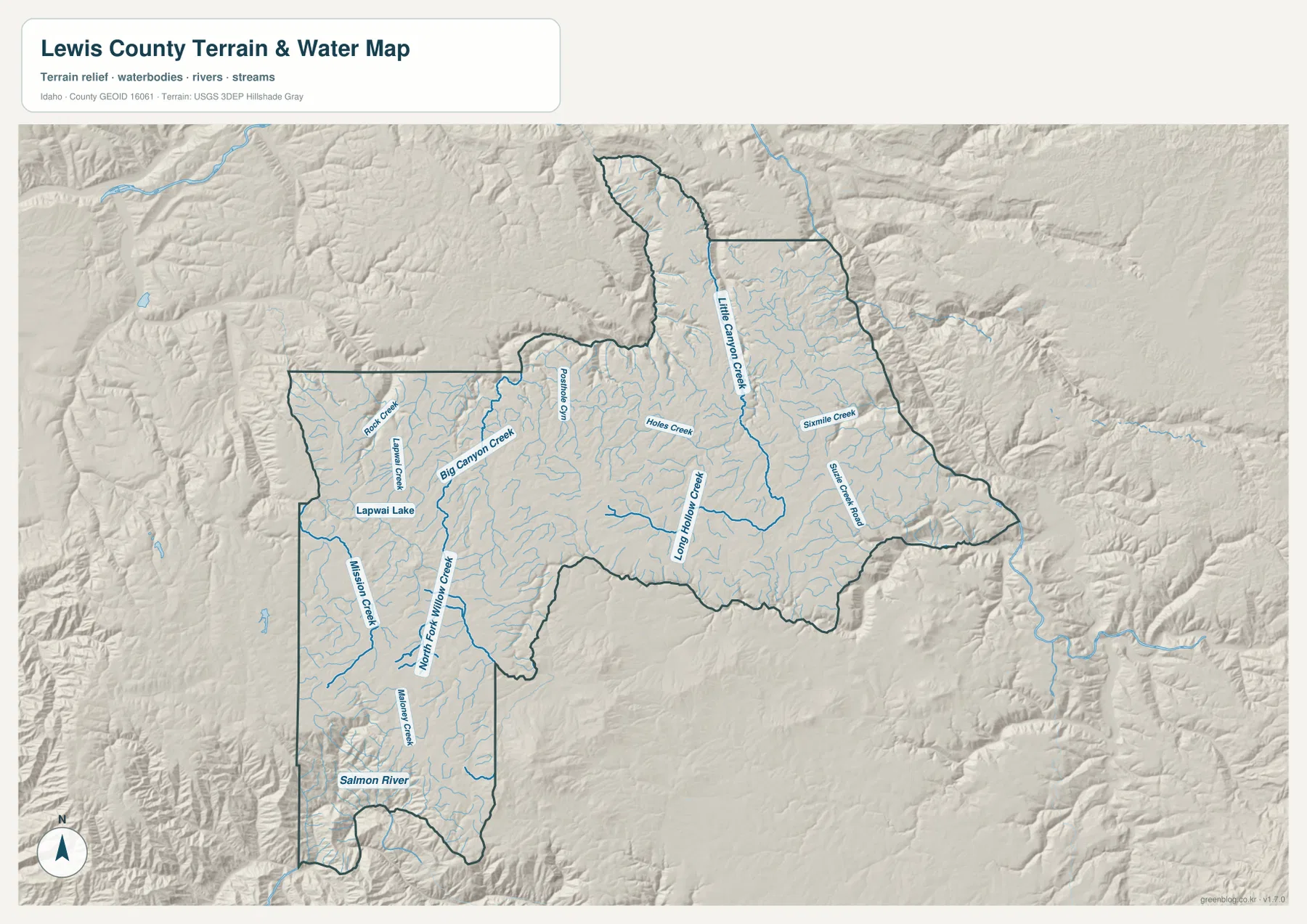 Lewis County terrain and water map with Big Canyon Creek, Little Canyon Creek, Sixmile Creek, Lapwai Lake, Willow Creek and Salmon River