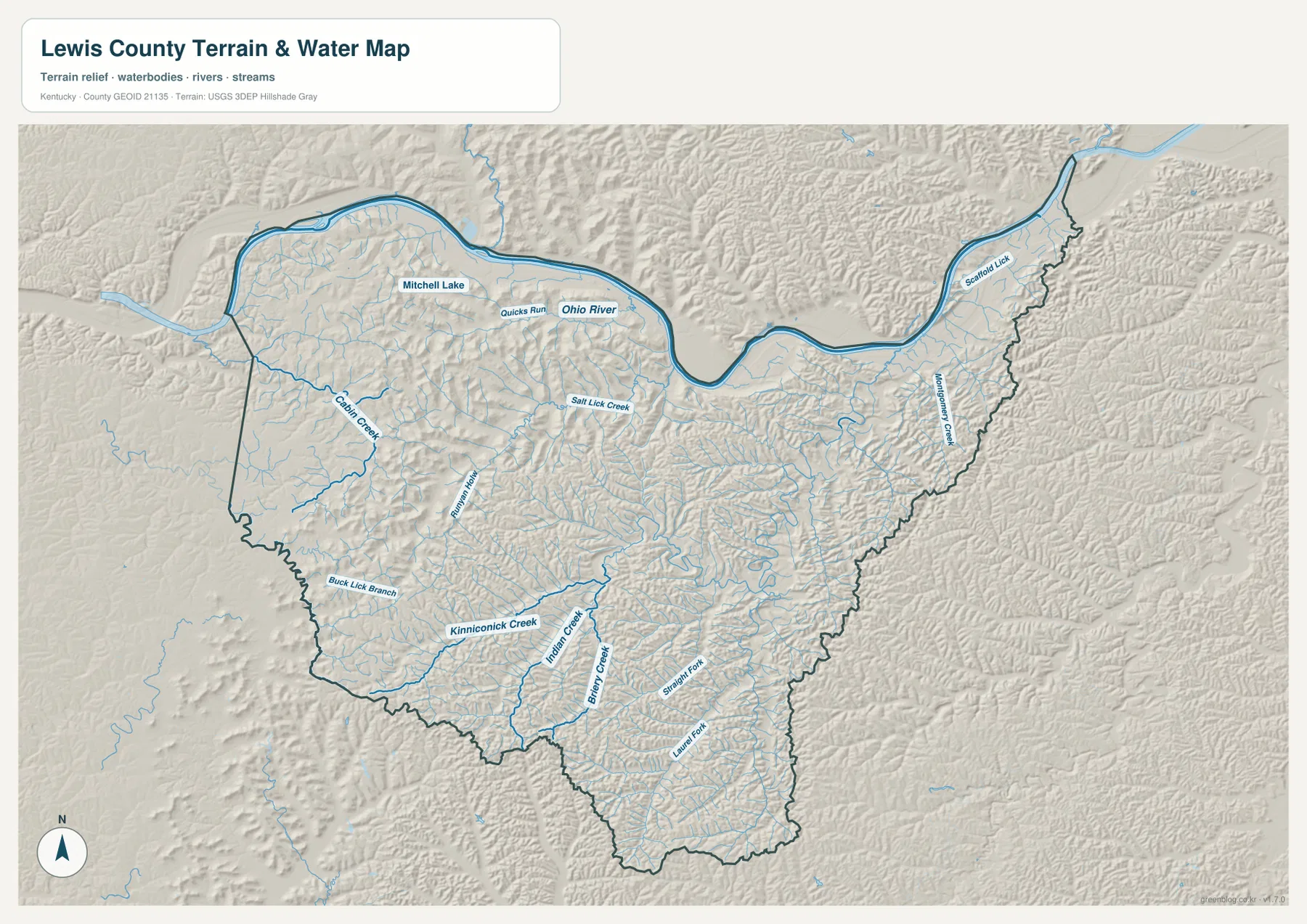 Lewis County terrain and water map showing the Ohio River, Kinniconick Creek, Indian Creek, Salt Lick Creek, and smaller tributaries