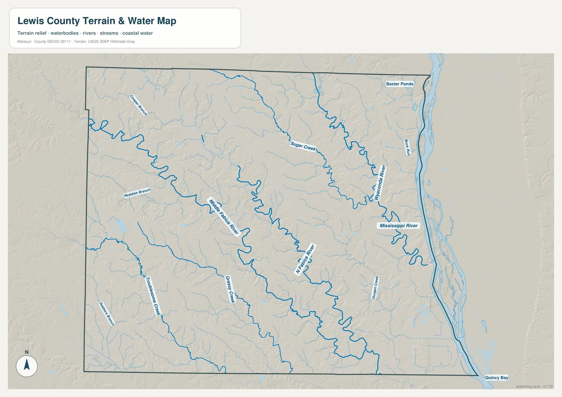 Lewis County Mississippi River and Fabius River terrain map