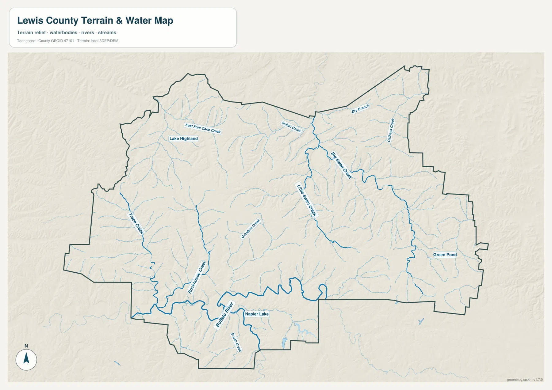 Buffalo River, Big Swan Creek, Little Swan Creek, Trace Creek와 작은 수역을 표시한 루이스 카운티 수역 지도