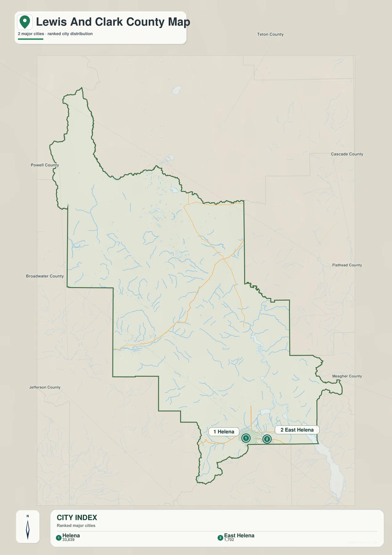 Lewis and Clark County city map showing Helena and East Helena as the two ranked cities