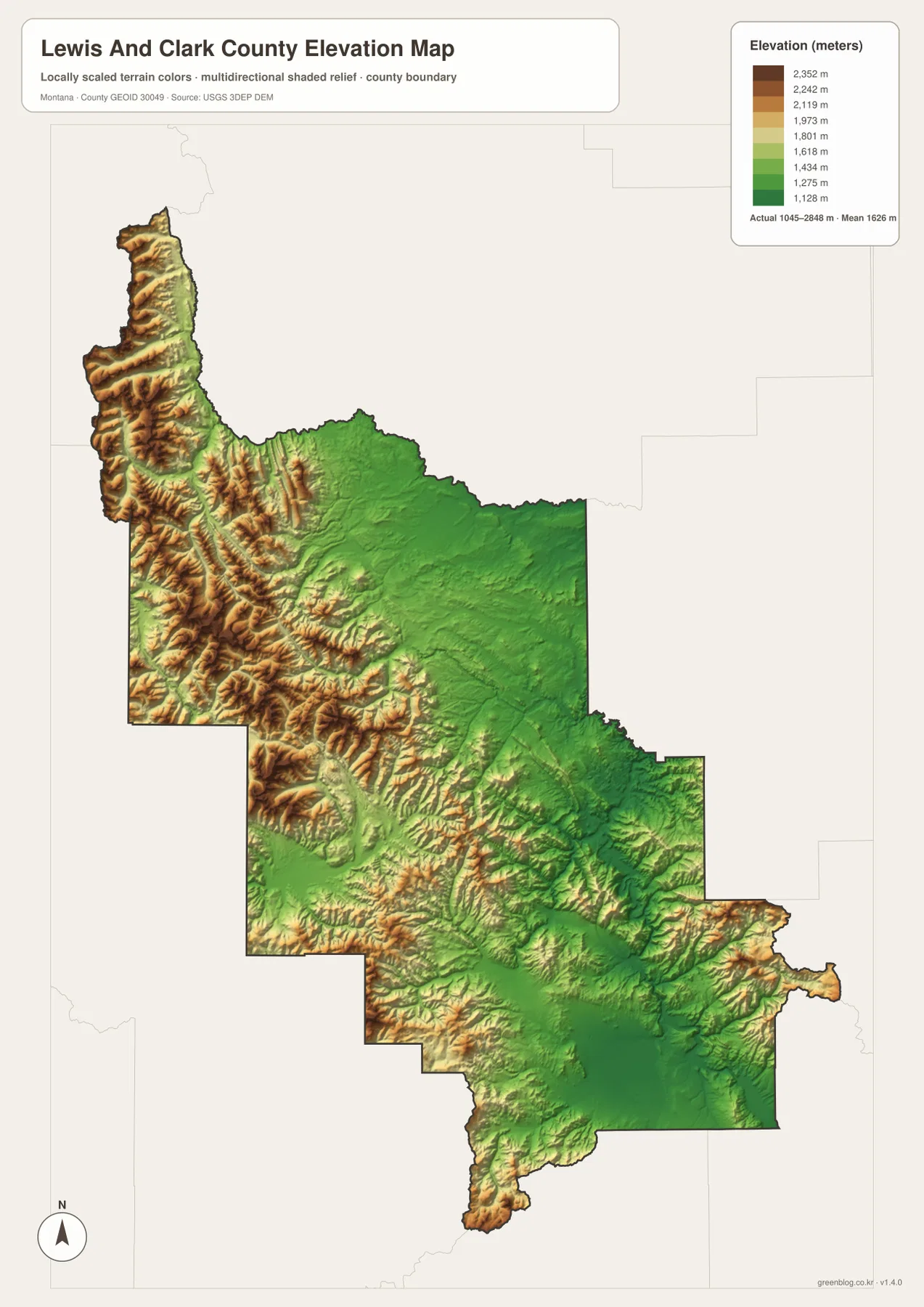 Lewis and Clark County Montana elevation map showing an actual range of 1045 to 2848 meters and a mean of 1626 meters