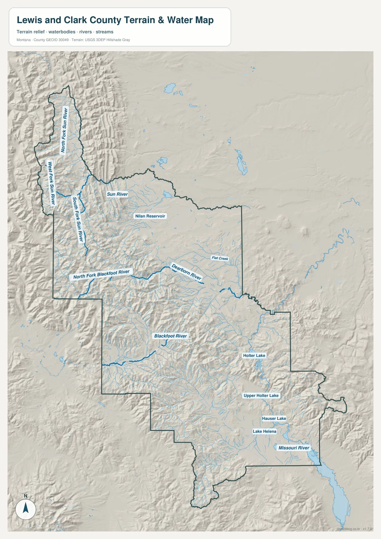 Lewis and Clark County terrain and water map showing Sun River forks, Blackfoot River, Dearborn River, Missouri River, Holter Lake, and Hauser Lake
