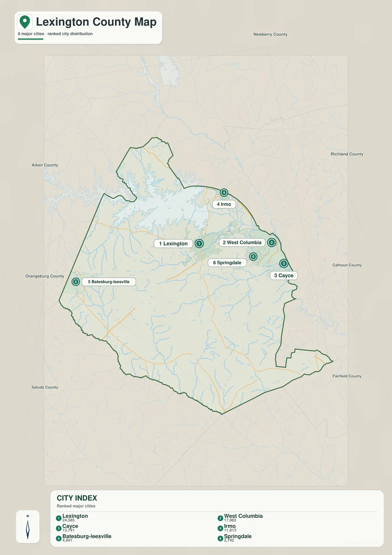 Lexington County city map with Lexington, West Columbia, Cayce, Irmo, Batesburg-Leesville, and Springdale