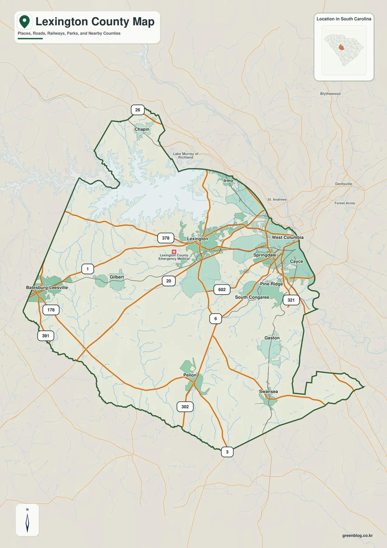 Lexington County map with Lexington, West Columbia, Cayce, Lake Murray, and major numbered roads